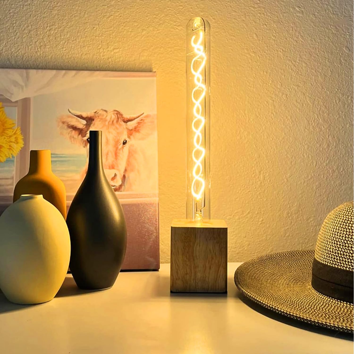 Leools Vintage LED Spiral Filament Bulb T10, 11.8in, Amber Glass, Dimmable, 2200K, 400LM, Pack of 4