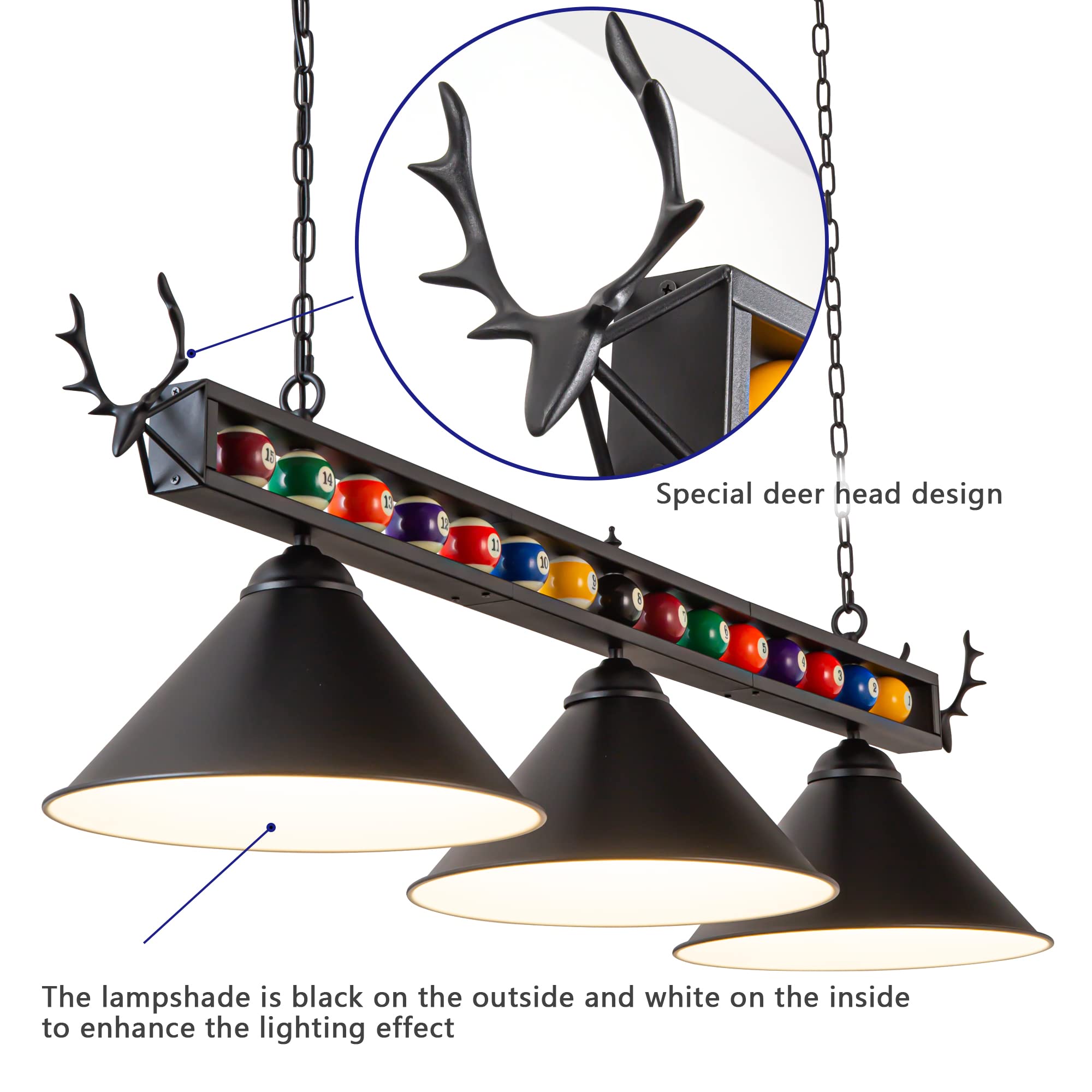 LuoliiTa 58" Pool Table Light - Black Iron Billiard Hanging Light for Game Room, Restaurant, Coffee Shop, Model L001
