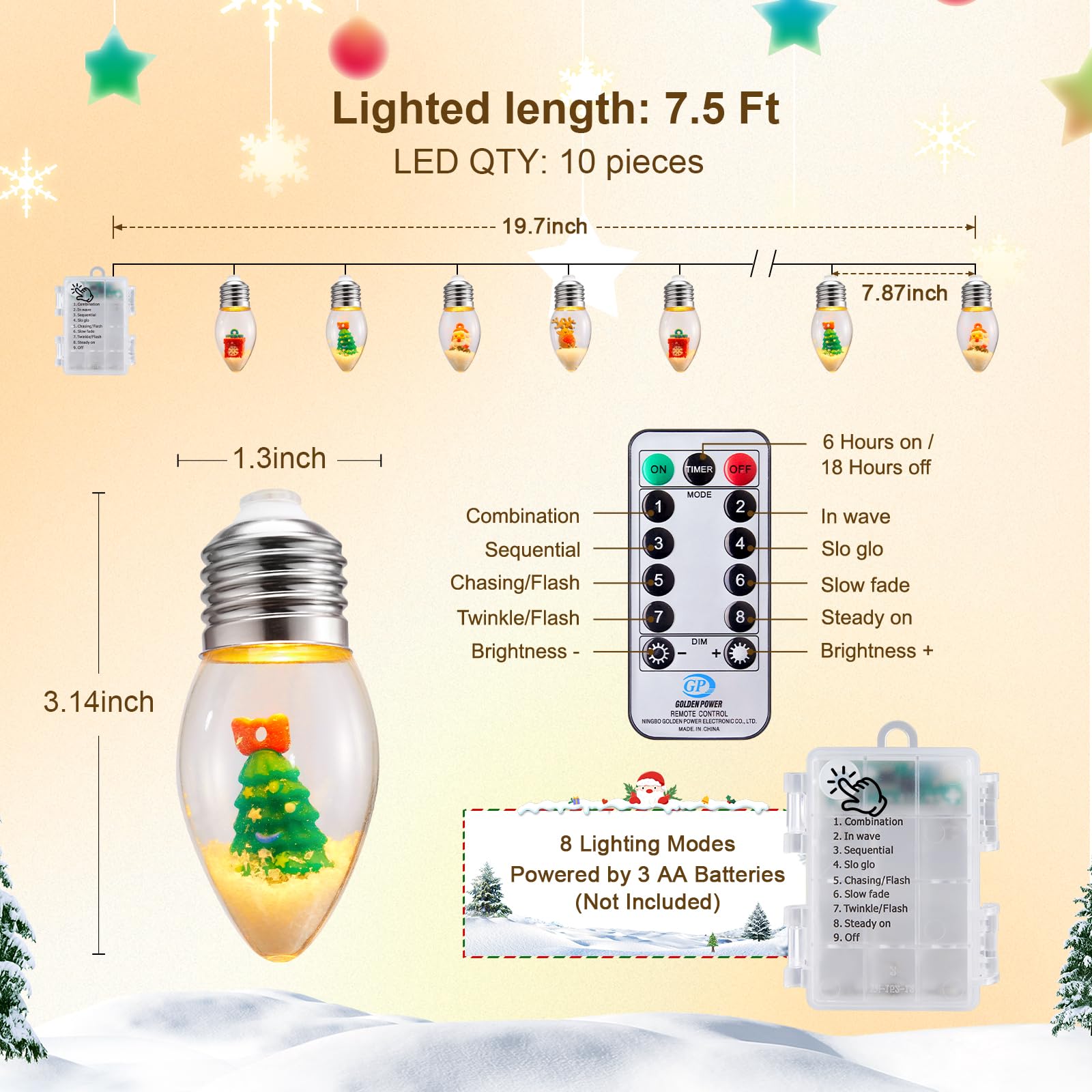 Brightown Christmas Lights Indoor, 7.5Ft Christmas Snow Globe Lights With Santa & Gift & Cute Ornaments,Battery Powered String L