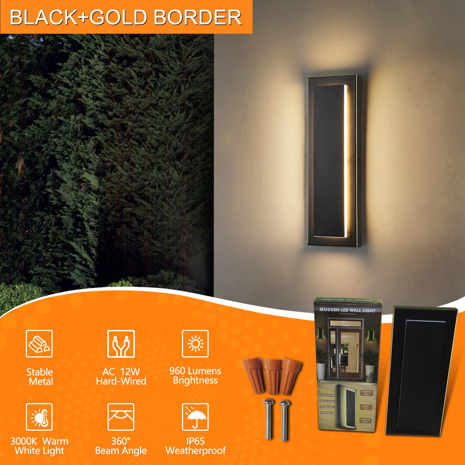 tewei LED Outdoor Wall Lights, 15.7'' Modern Sconce, Warm White 3000K, Black with Gold Finish, 1 Pack