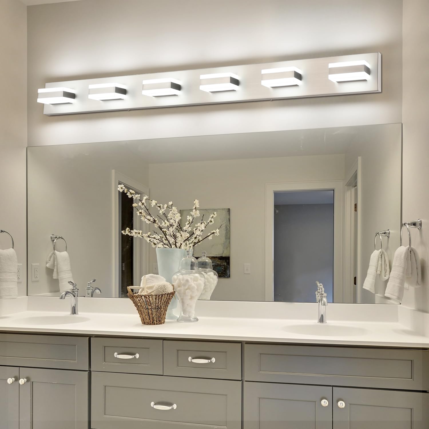 SOLFART LED Bathroom Vanity Light Fixture, 6 Light, Brushed Nickel, 45.3 inch, Model S8568-6T-6000K-Nickel, Modern Design