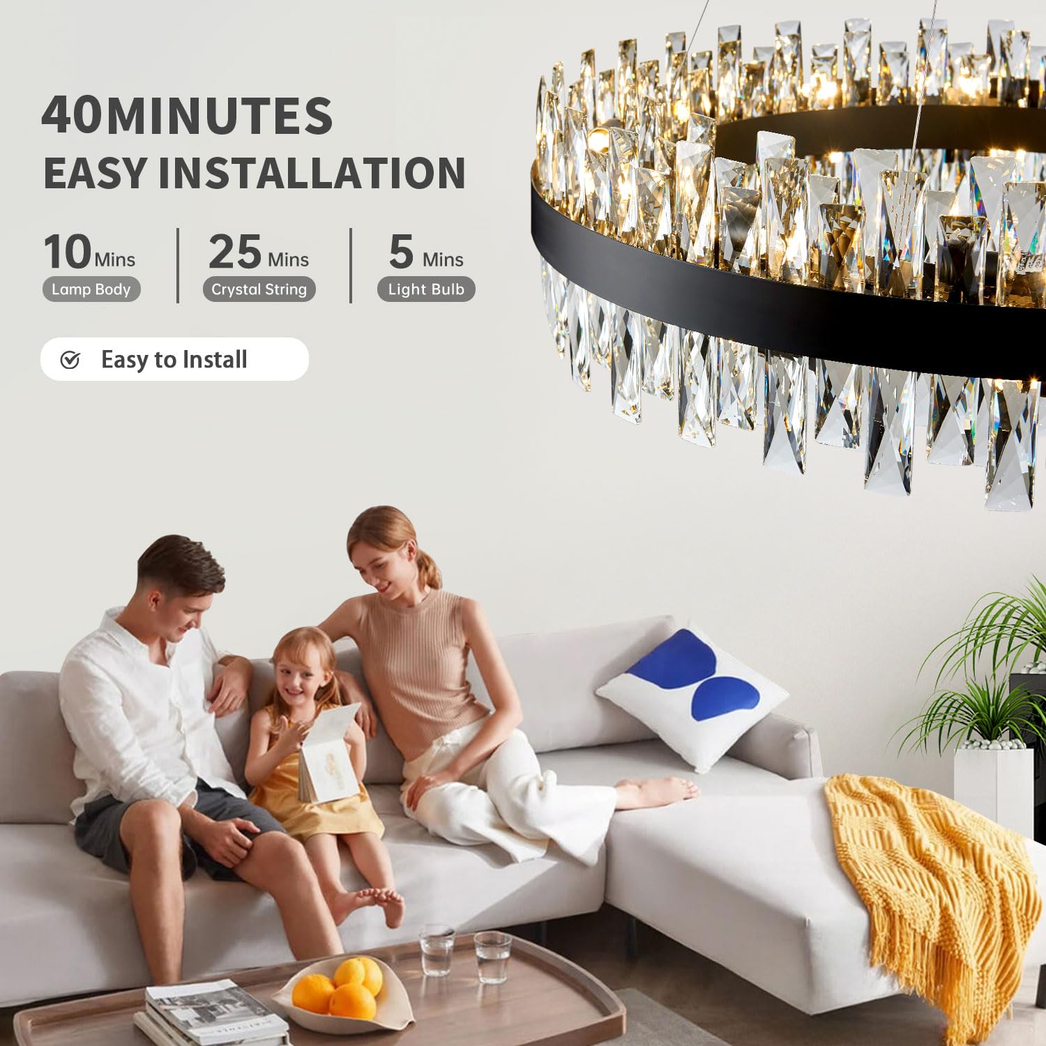 TMAFON Modern Black Crystal Chandelier, K9 Raindrop Pendant Light, 30" Diameter, Ideal for Dining Room, Living Room, Bedroom, Entryway