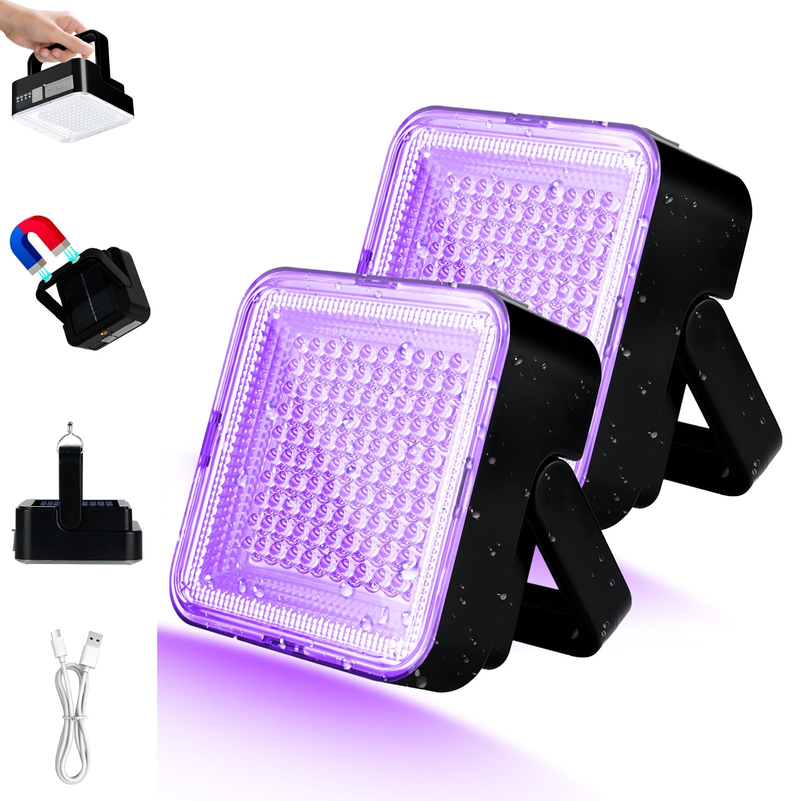 2 Pack Rechargeable Black Light, 60W 5000 mAh Dimmable UV Black Light, 100 LED 395 nM Ultraviolet Blacklight, for Dog Cat Pet Ur