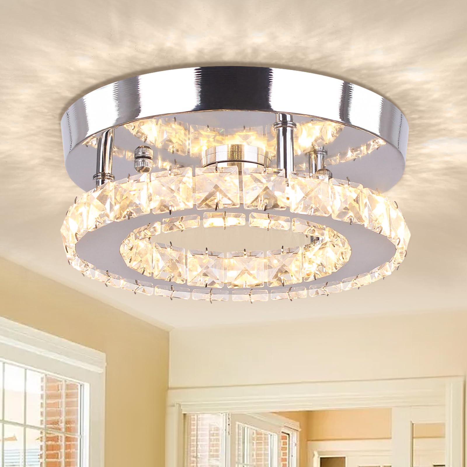 diisunbihuo Dimmable Mini Crystal Chandelier LED Flush Mount Ceiling Light Round Model XDY-D, Ideal for Hallway, Bedroom, Bathroom, Kitchen, Office