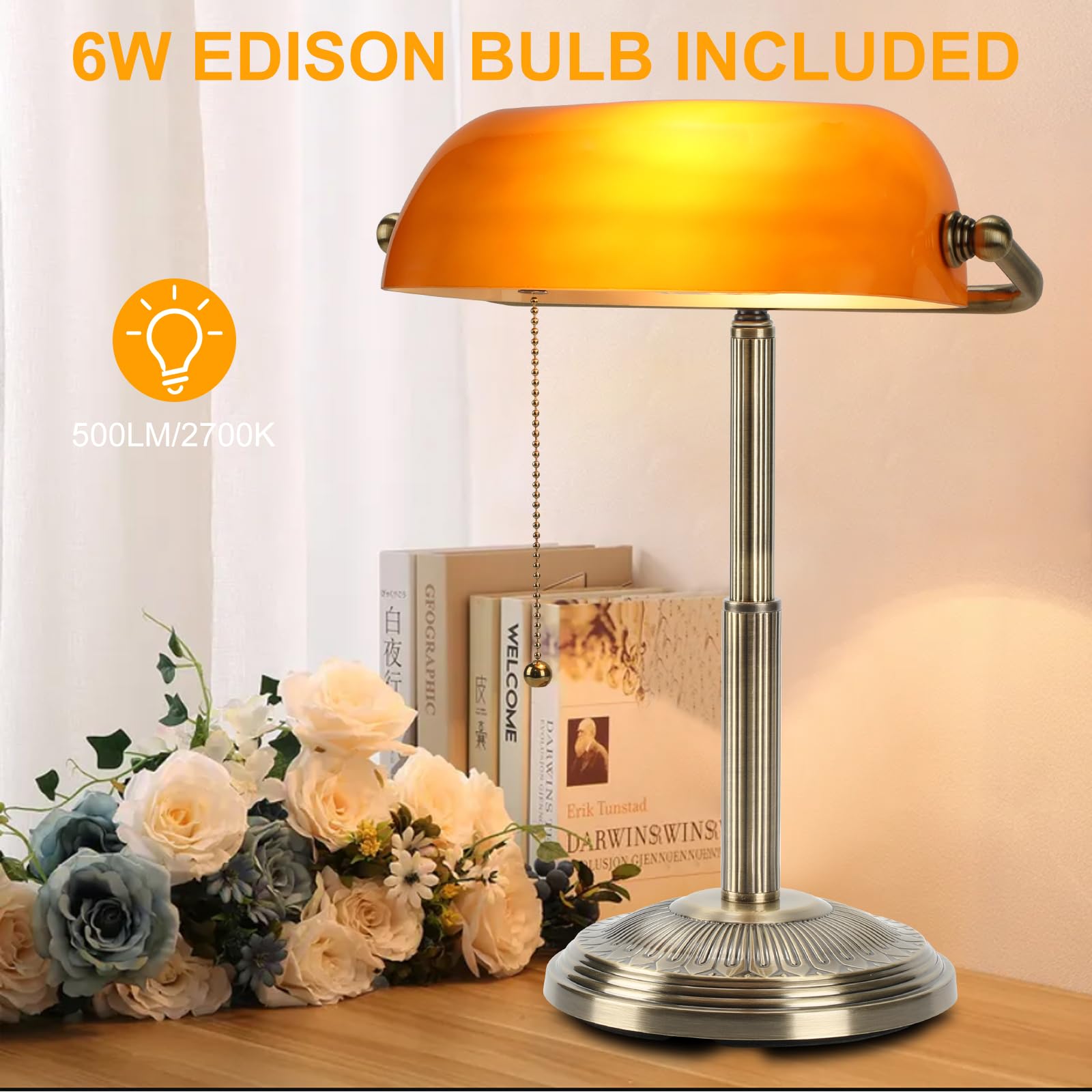 LINNMON Amber Retro Bankers Desk Lamp, Vintage Iron Lamp with Pull Chain Switch, Model LT248800, Brass+Amber Color