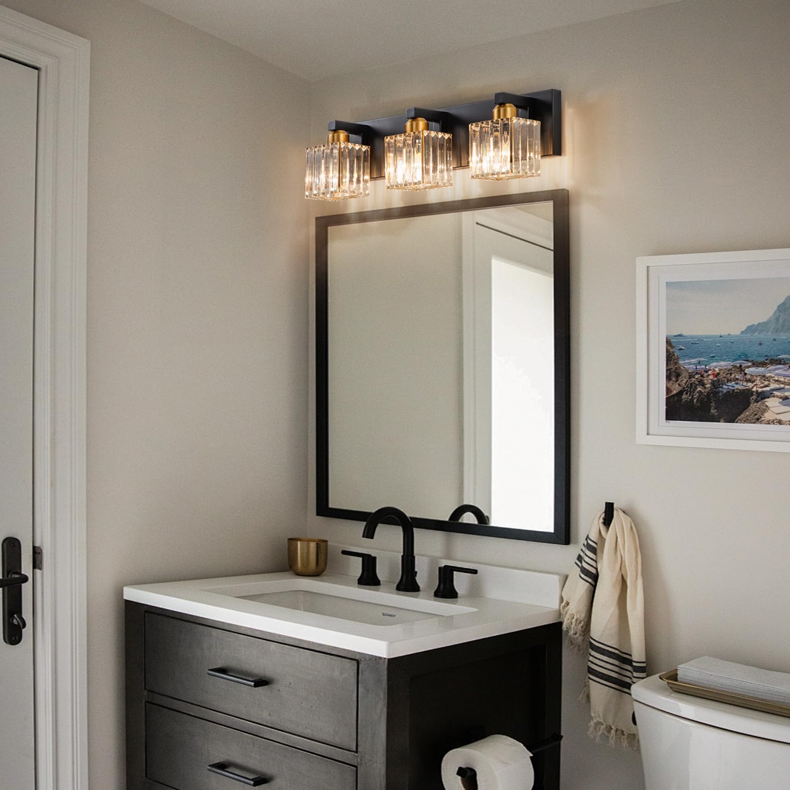 Huoku Black Gold Crystal Bathroom Vanity Light - 3-Lights Modern Bathroom Lighting Fixtures Over Mirror, Wall Light