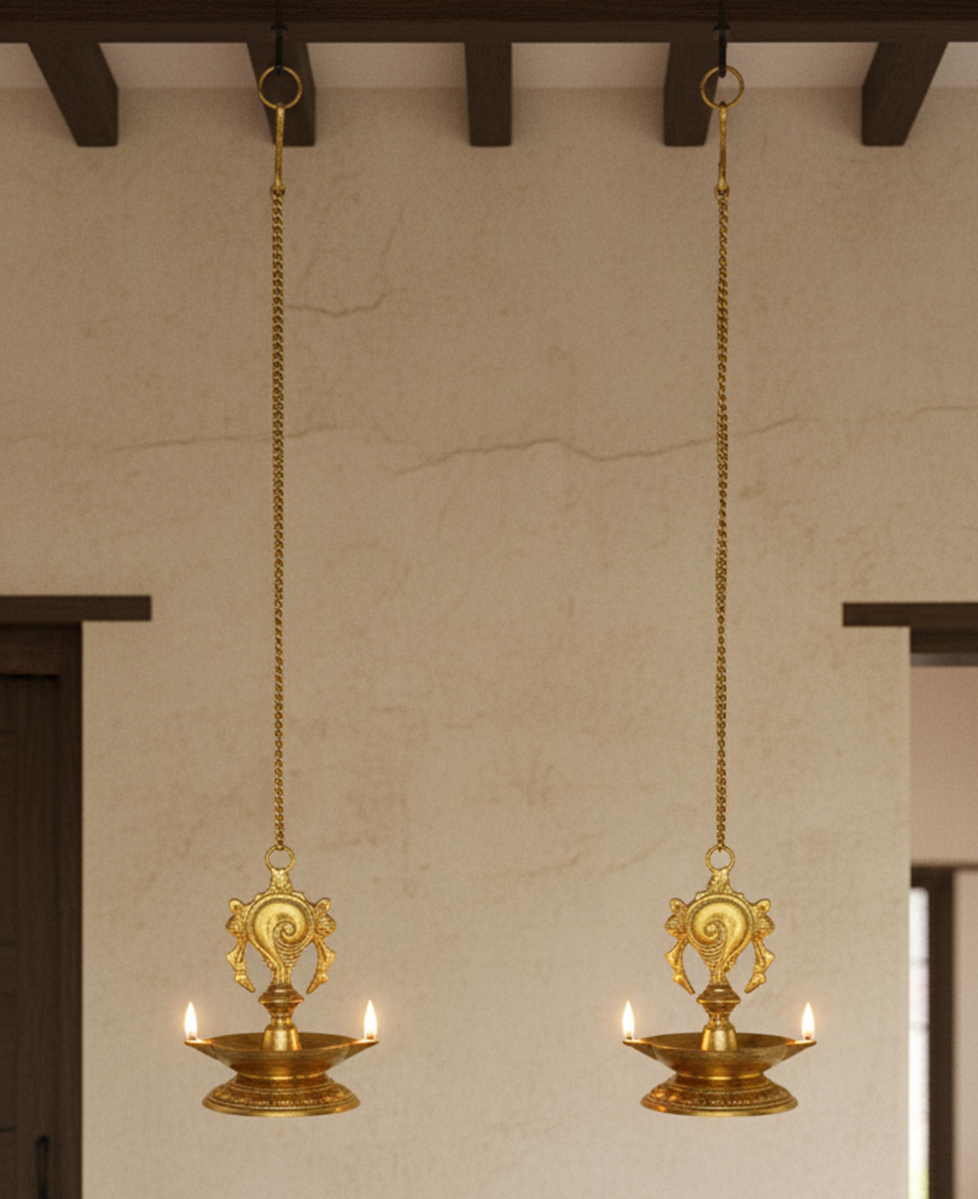Stonkraft Brass Hanging Diya - Golden Oil Lamp For Home & Office, 25.75 Length, Model: Brass-Hanging-Diya