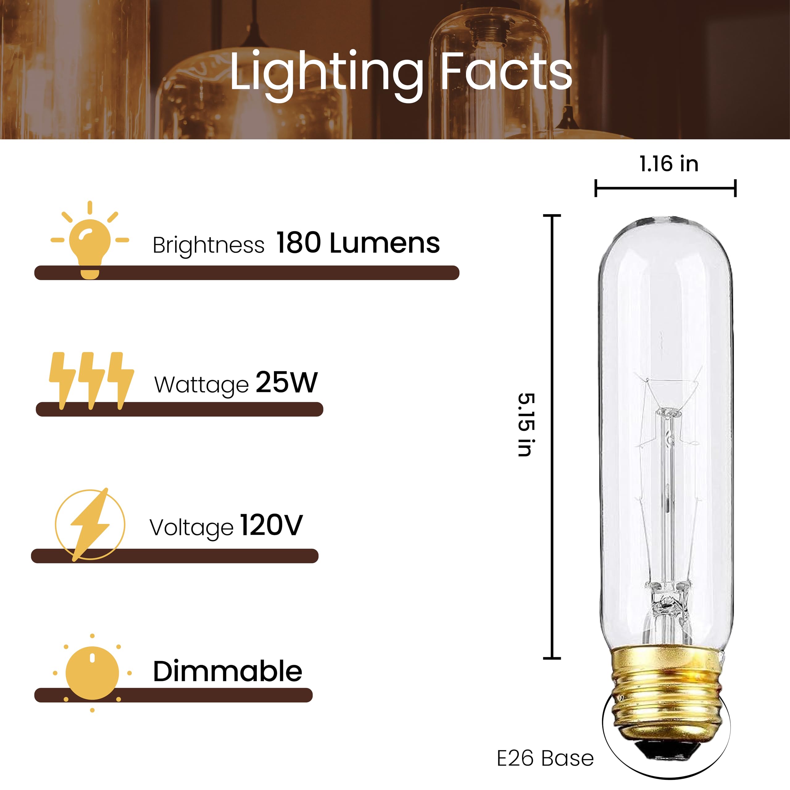 Weyolin 4 Pack T10 Tubular Light Bulbs, 25W Bulb, Clear Incandescent, E26 Medium Base, Warm White, Dimmable Vintage Tubular Styl