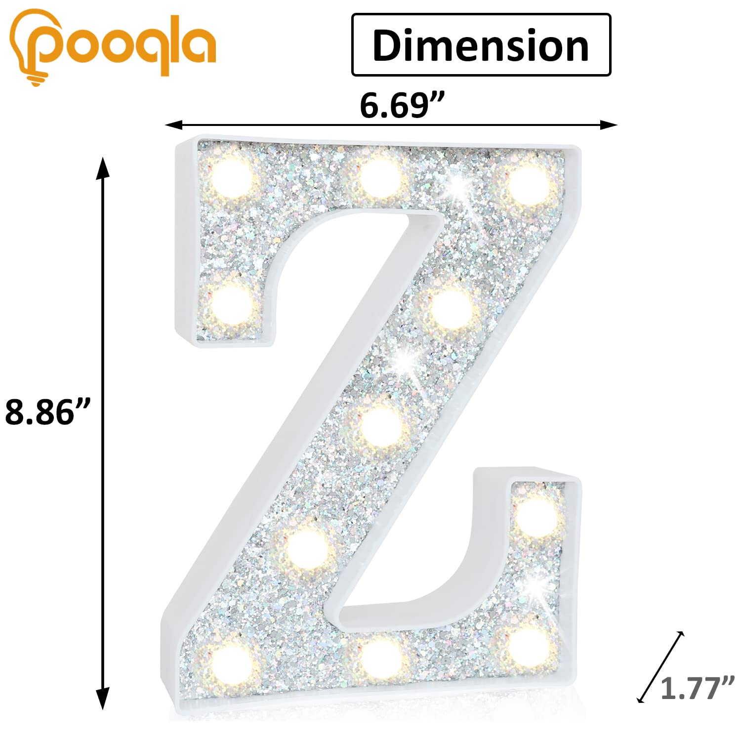 Pooqla LED Marquee Letter Light - Silver Glitter Alphabet Sign - Battery Powered Night Light for Parties and Decorations - Letter Z