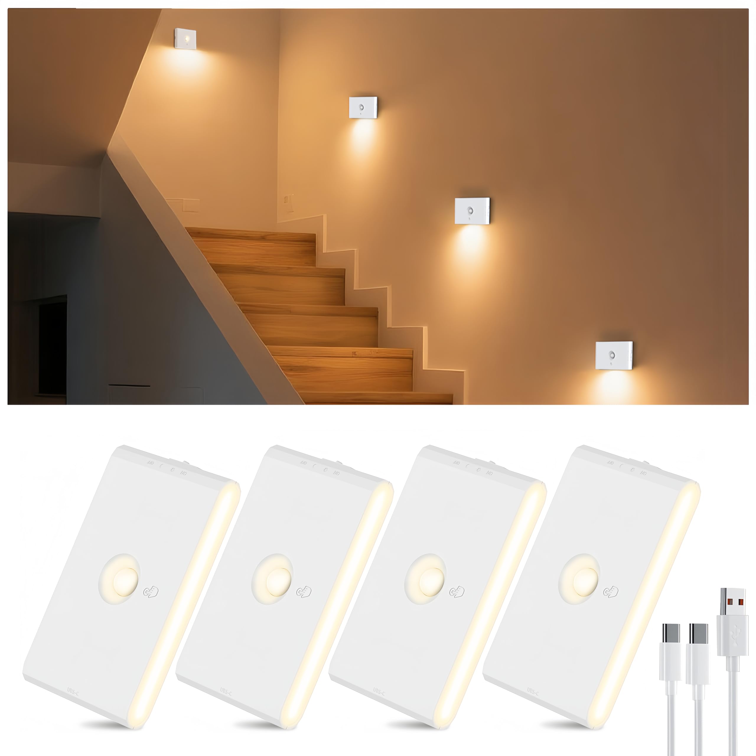 Coolilumi Rechargeable Stair Night Lights Indoor with Motion Sensors, Small Battery Powered Stairway Lights for Bathroom, Hallwa