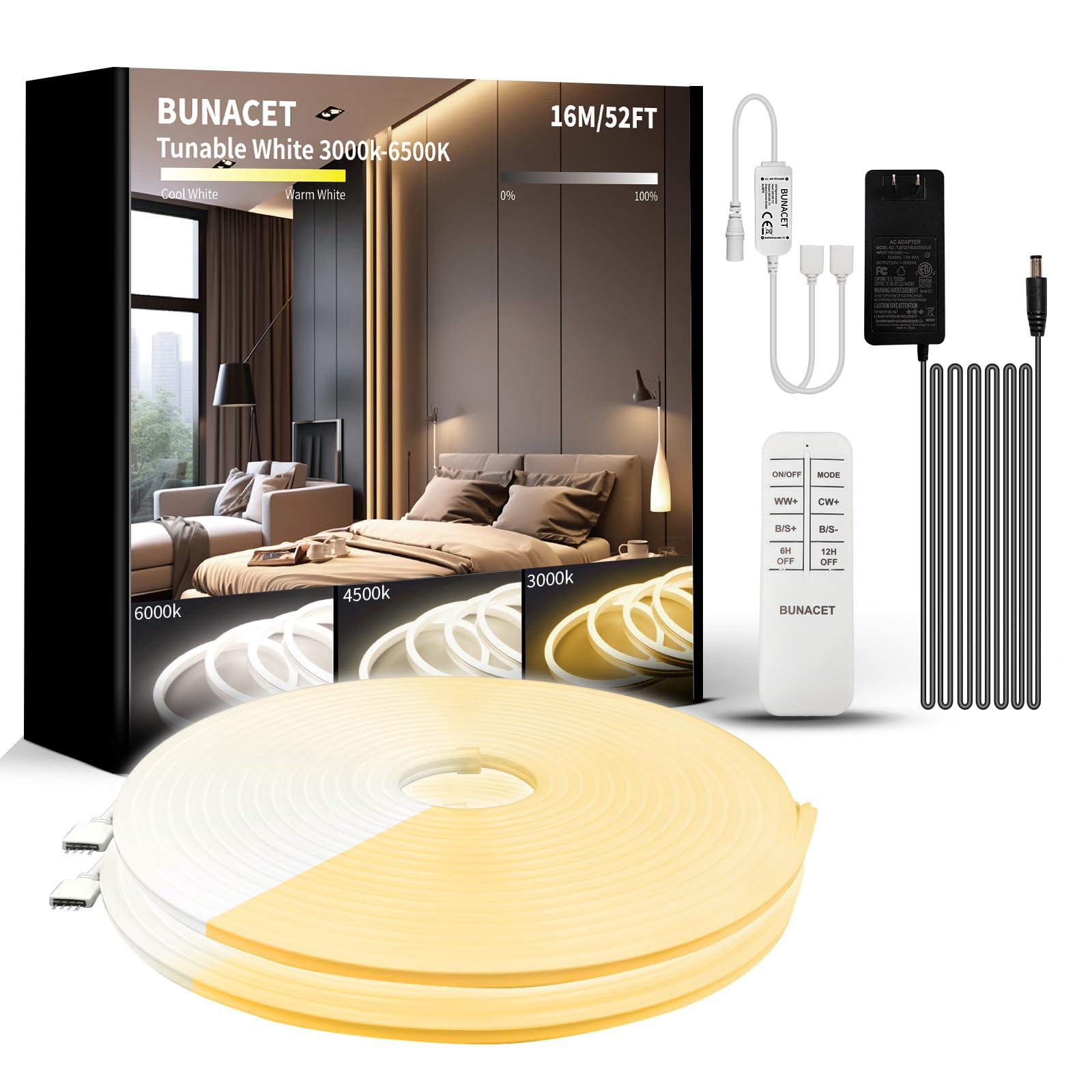 BUNACET Outdoor Led Strip Lights, IP67 Waterproof Tunable Warm White Lights 3000K-6500K 52FT-2Rolls, RF Remote Control with 24V 