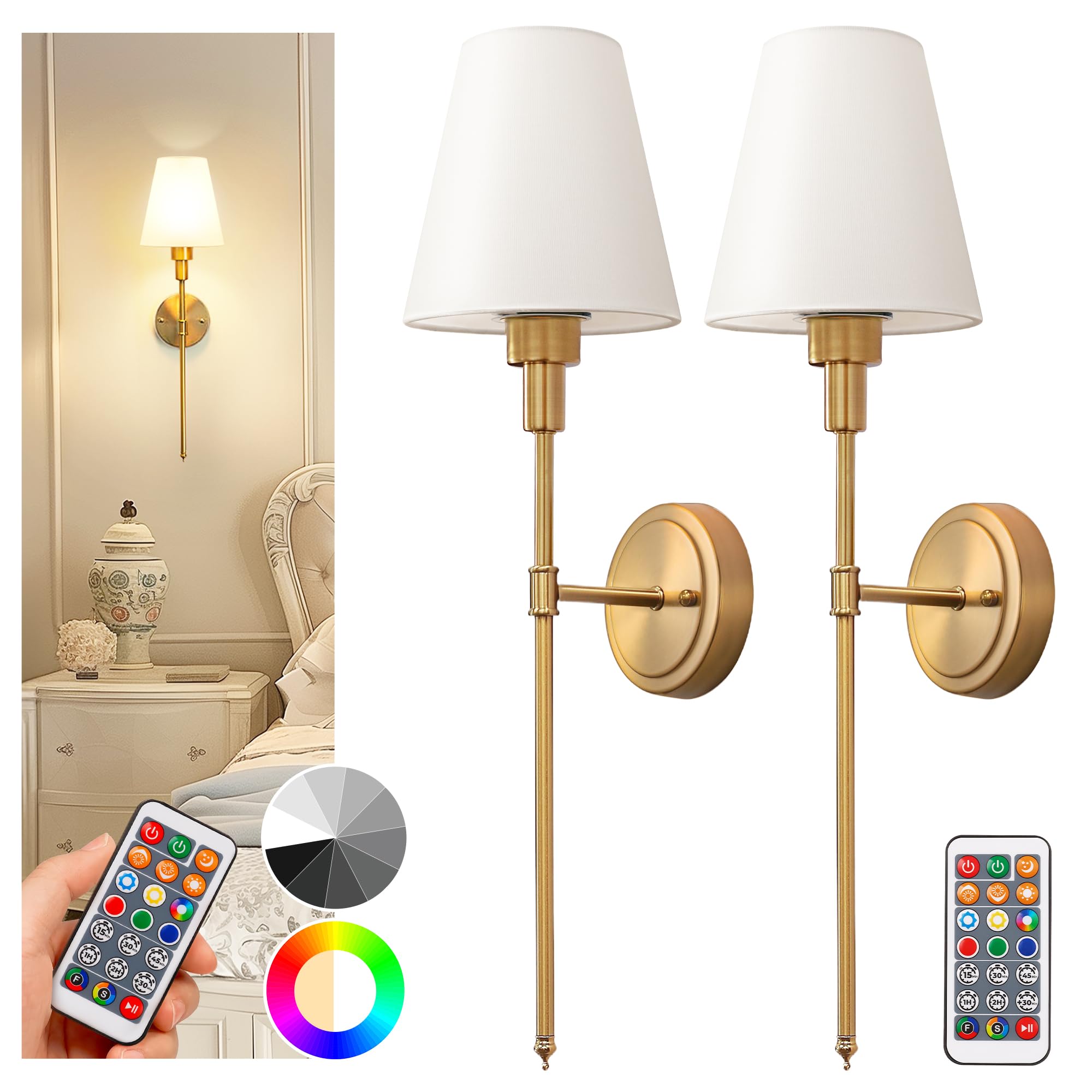 DORESshop Battery Operated Wall Sconce Set of 2, Dimmable, Wireless, 24.6 inch, Gold, Model W230001-YKBD04GD