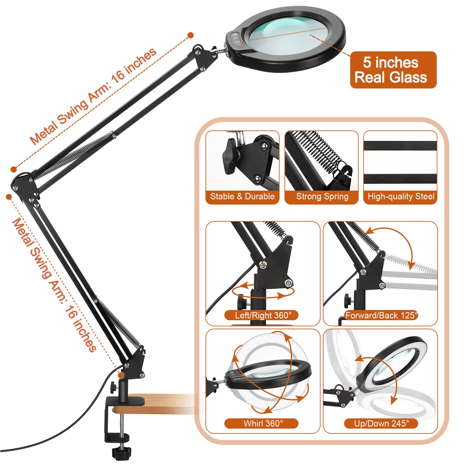 Veemagni 5 Inch Magnifying Glass With Light, 10X Magnifier, 5 Color Modes, Black, Model 5D8-018, Hands-Free Led Clamp Desk Lamp