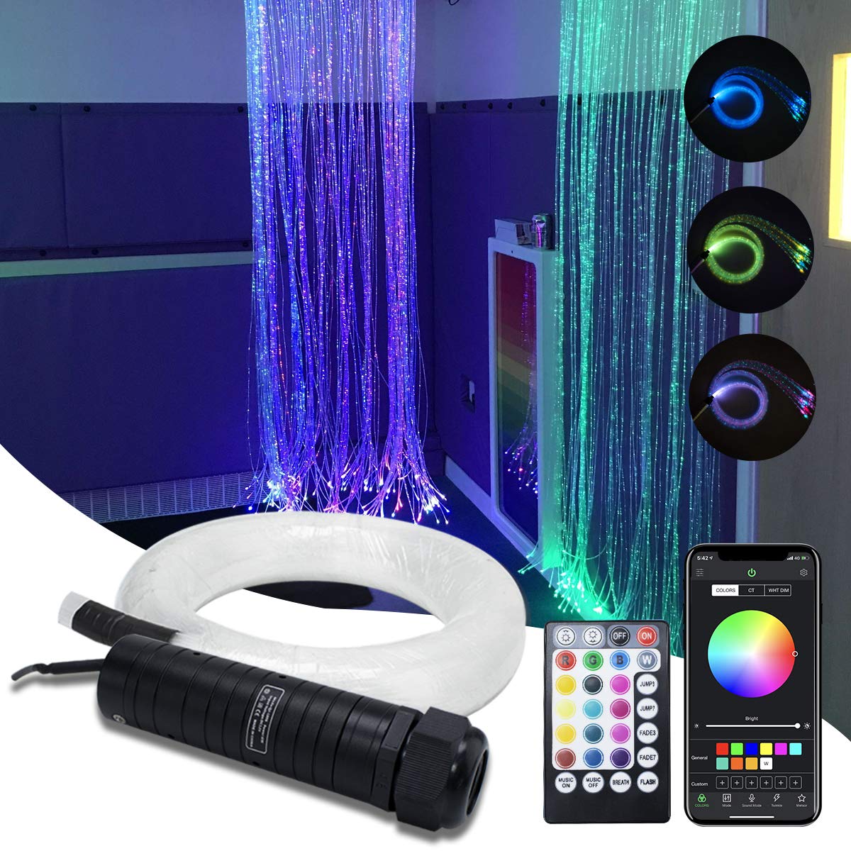 AMKI 6W RGBW Fiber Optic Curtain Light Kit, Bluetooth Waterfall Curtain Light for Window Kid Children Sensory Room Home Decorati