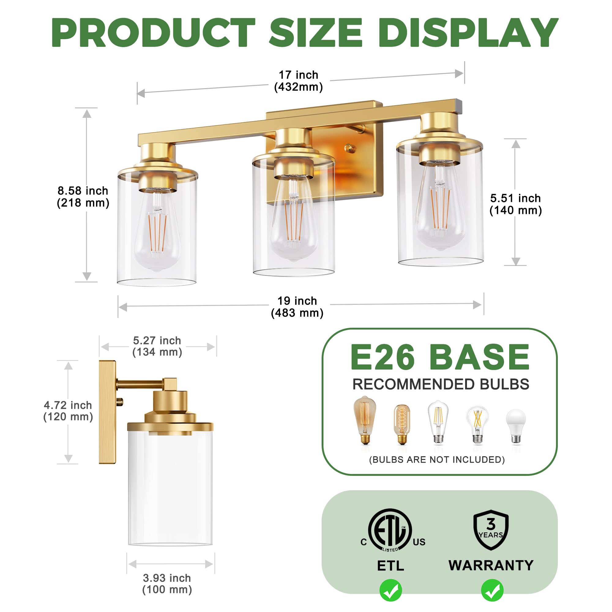 Doresshop 20 Inch Bathroom Light Fixtures  3-Light Gold Bathroom Lighting Fixtures Over Mirror With Clear Glass Shade  Vanity Lights For Living Room Bedroom  Etl Listed