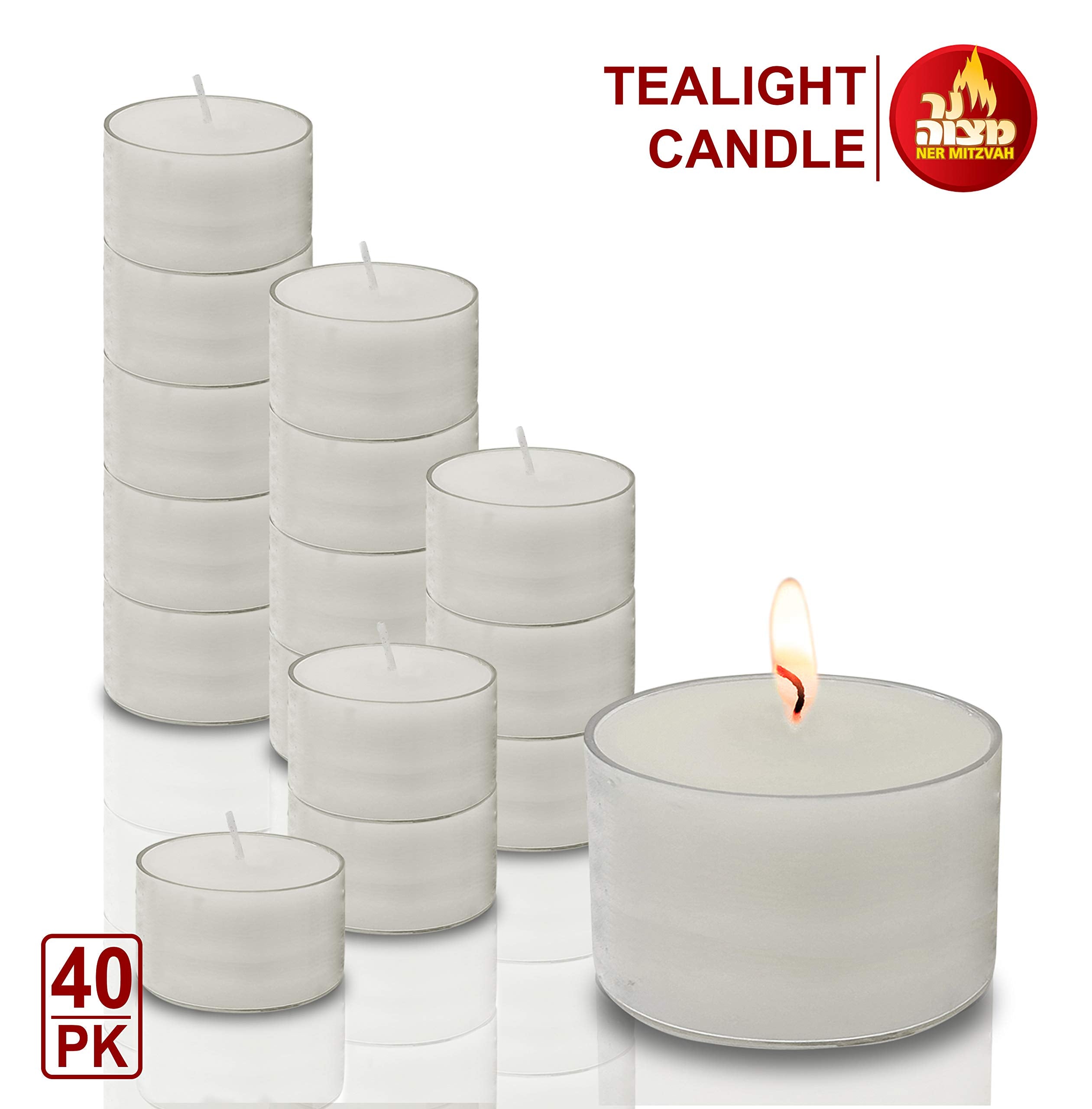 Ner Mitzvah Long Burning Tealight Candles - 8 Hours - White In Clear Cups - Unscented - 40 Pack - Made In Eu