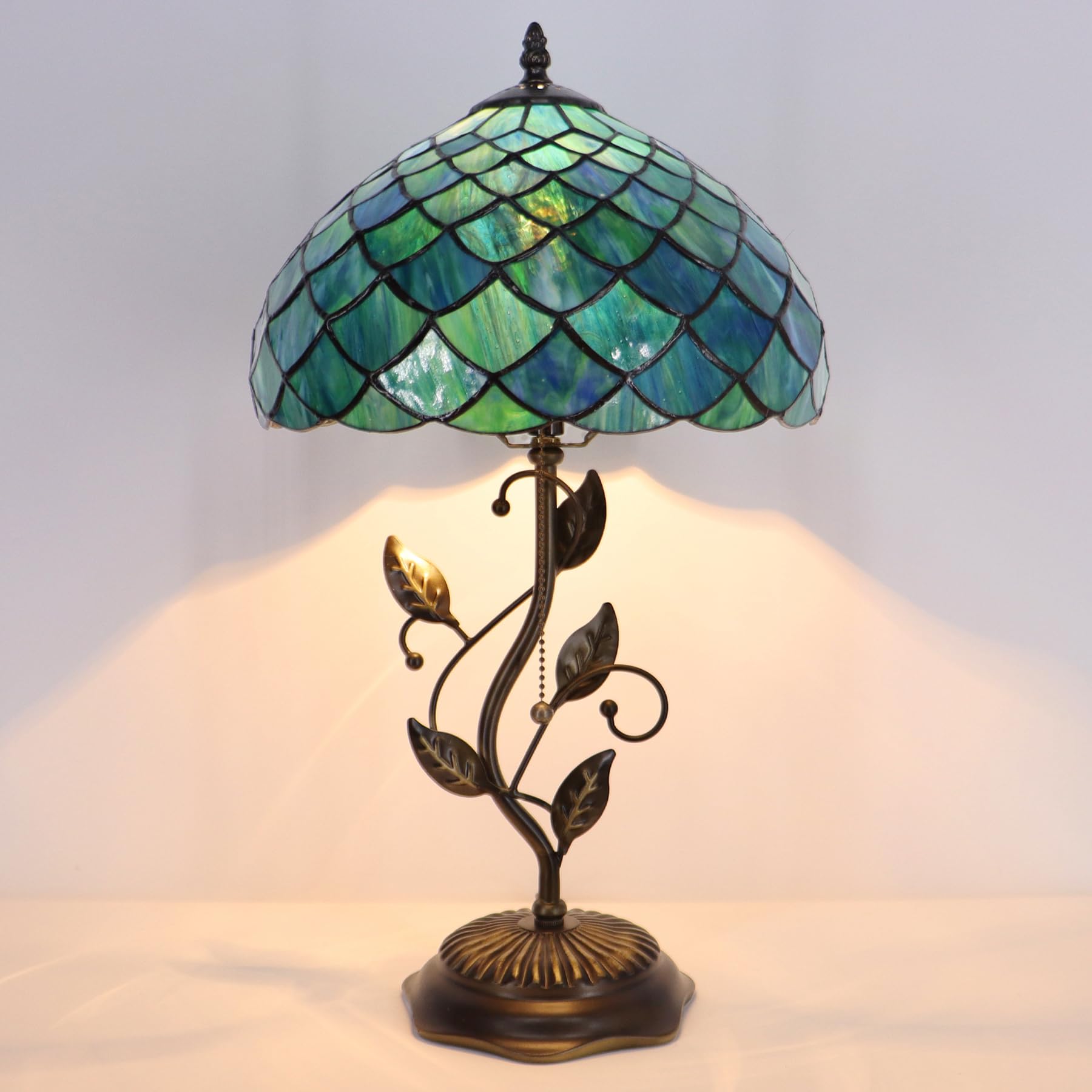Lxhcyou Tiffany Table Lamp, Stained Glass Desk Light, W12H19 Inch, Metal Leaf Base (Fishscale Style)