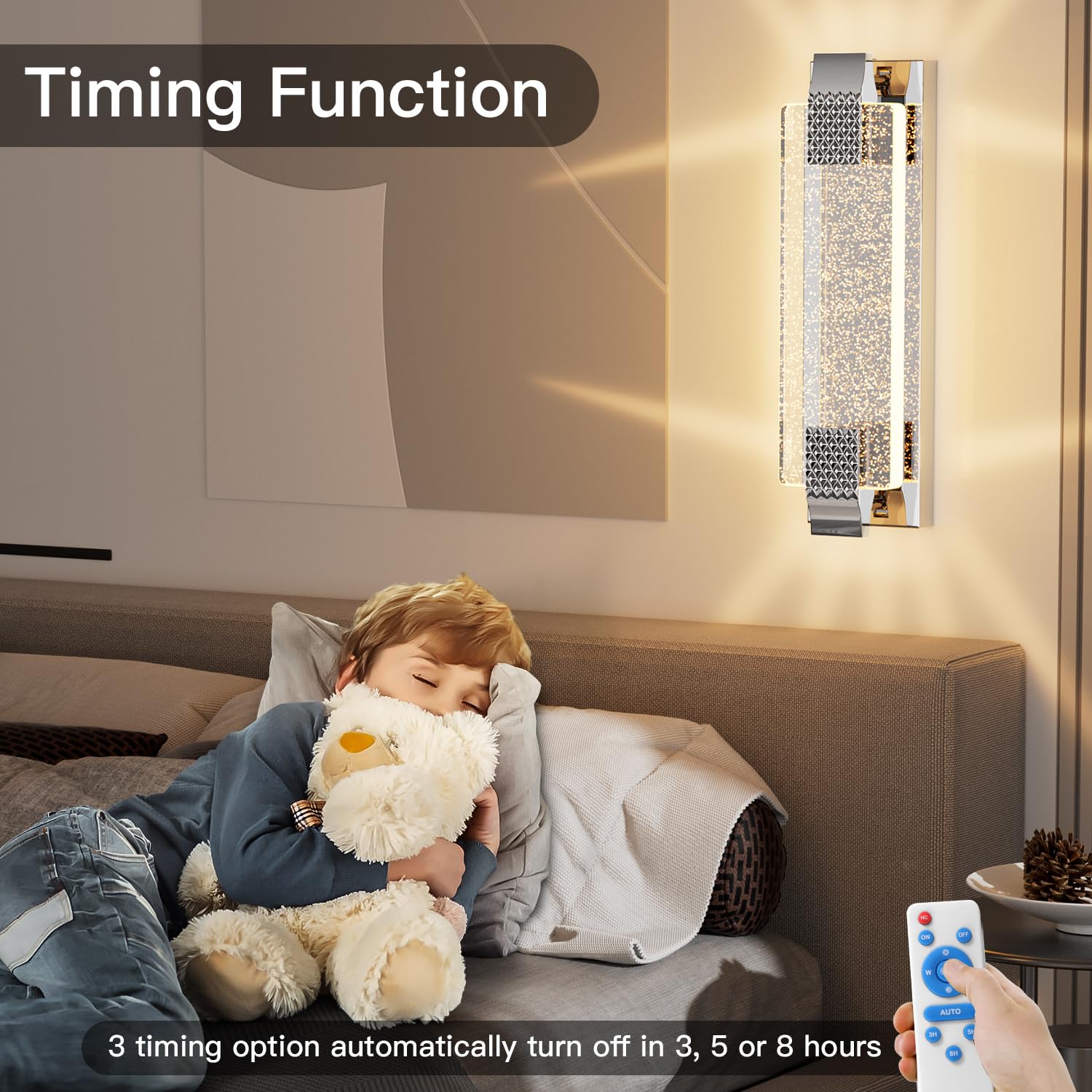 camuucci Rechargeable Wall Sconce - Dimmable 12000mAh Light, Silver, 15.2 Inches, Model SNCD, Remote Control for Bedroom & Living Room