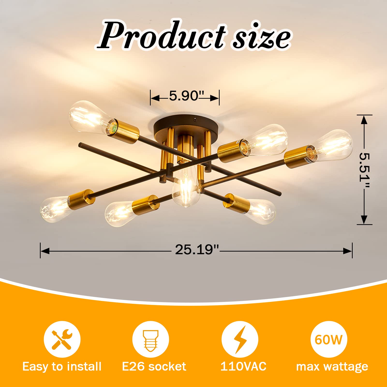 Uofus 7-Light Semi Flush Mount Ceiling Light Fixture, Modern Black & Gold Chandelier For Home