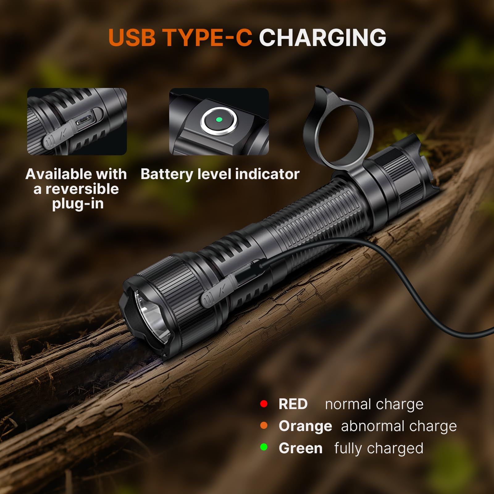 Brinyte PT16A Tactical Flashlight 3000 Lumens LED USB-C Rechargeable Black, IP68 Waterproof, Dual Switch, 6 Modes