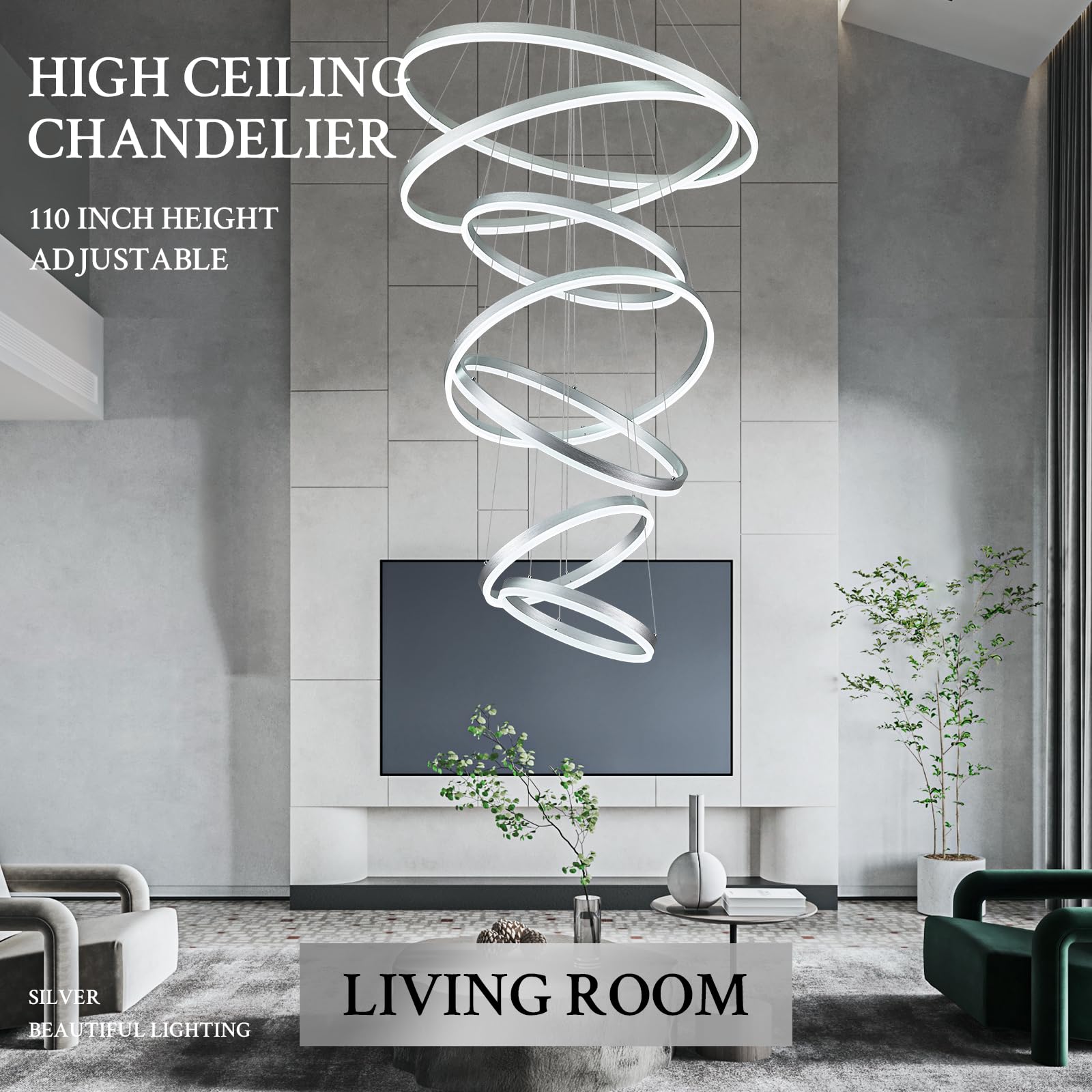 Sparklelf Modern LED Chandelier, 7 Rings 31.5in, Dimmable, Remote Control, Silver Finish, for High Ceilings, Entryway, Dining Room