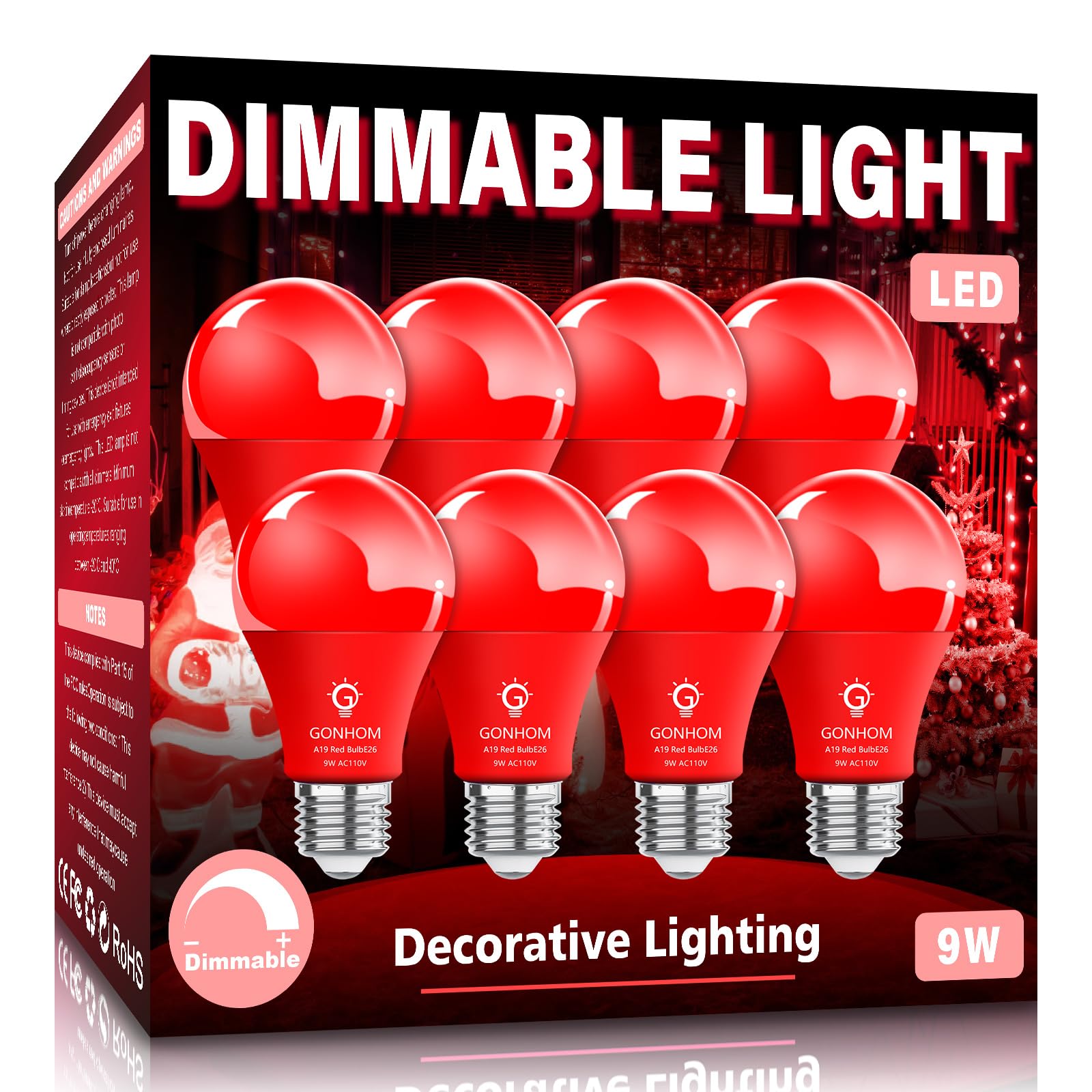 Gonhom 8 Pack A19 LED Red Light Bulbs,Christmas Colored Light Bulbs 9W Equivalent 100W,E26 Base Red LED Lights for Valentine's Day, Thanksgiving Day,New Year, Holiday Lighting,Decorative Lighting