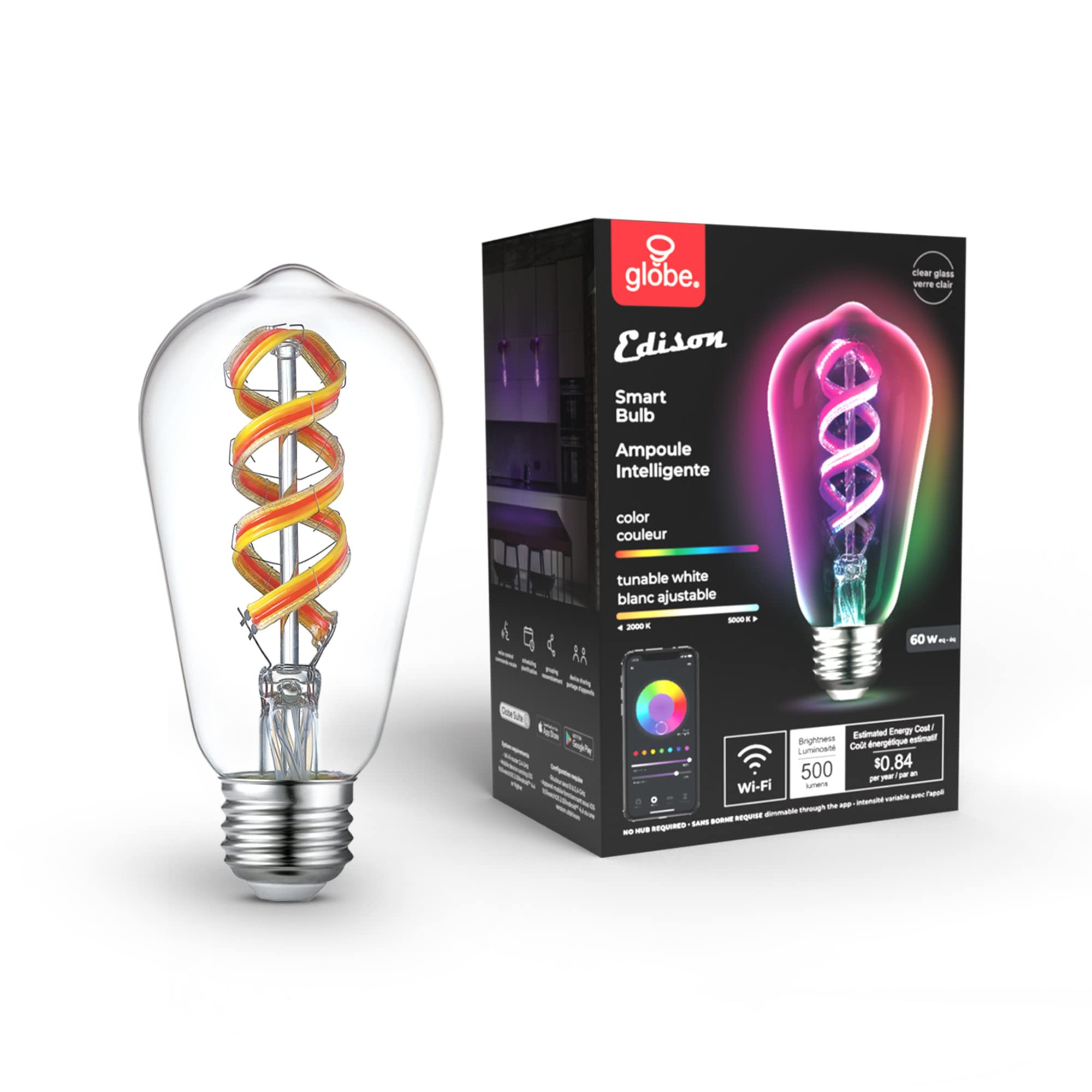 Globe Electric 35847 Wi-Fi Smart 7W (60W Equivalent) Spiral Filament Multicolor Changing RGB Tunable White Clear LED Light Bulb,