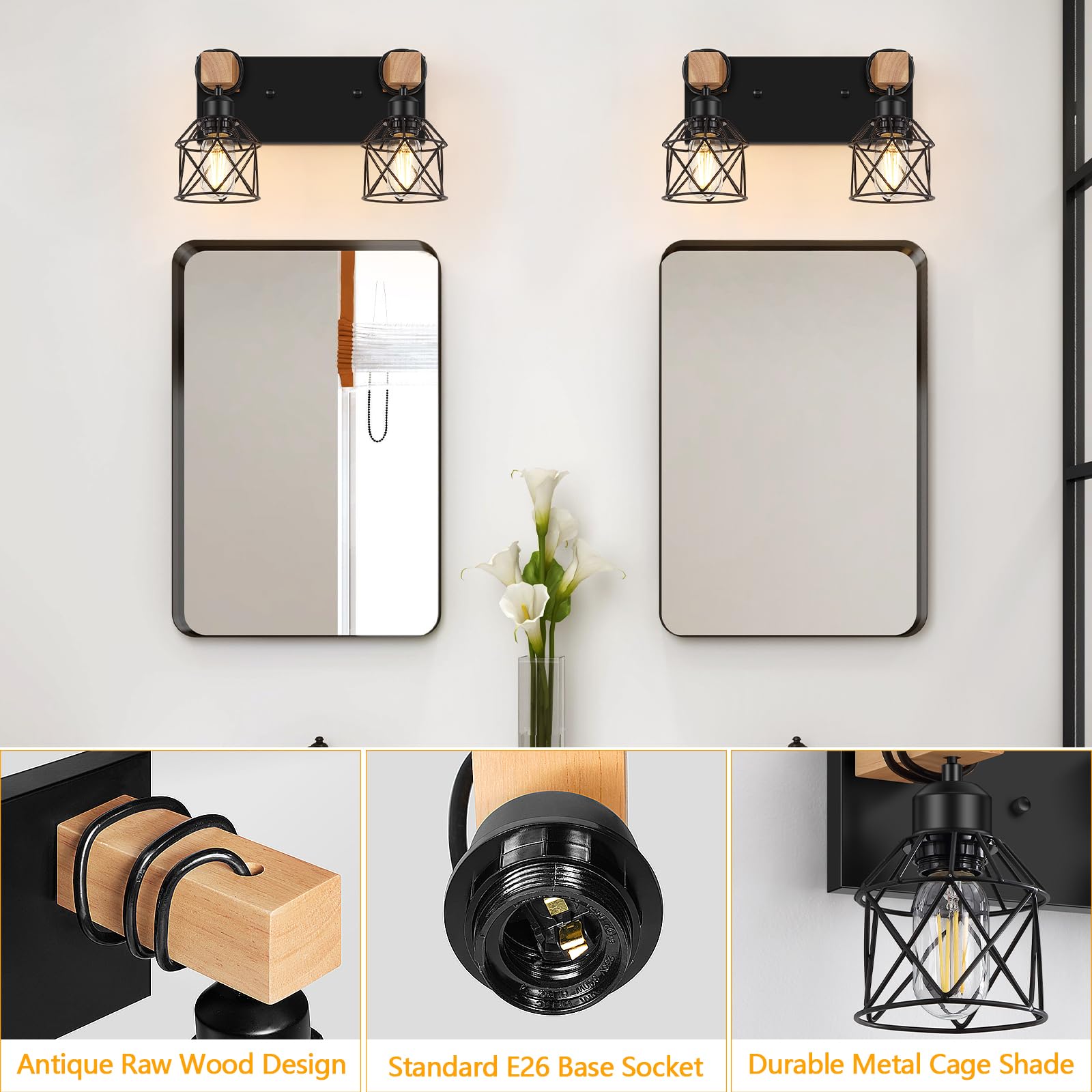 FadimiKoo 2-Light Farmhouse Vanity Light, Black Rustic Wood & Metal Sconces for Bathroom, Living Room, Bedroom, Hallway