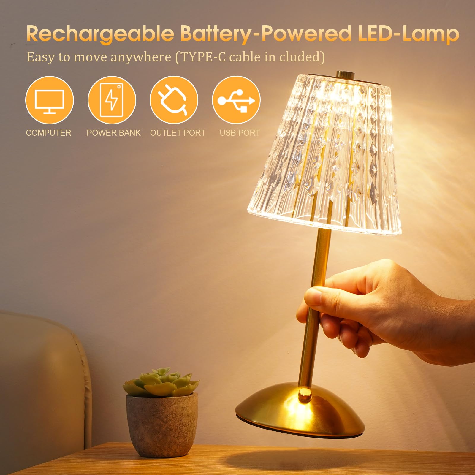 Nusogon Cordless Touch Dimmable Crystal Lamp, 5.1" x 12", Metal Gold, Rechargeable, 3 Colors, Vintage Design for Indoor/Outdoor Use