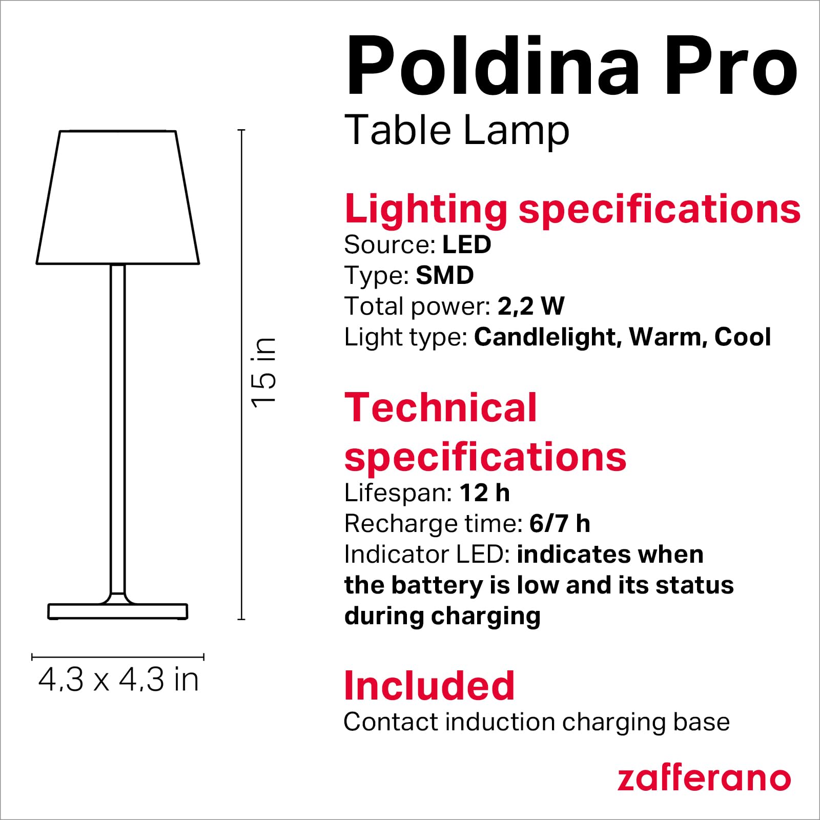 Zafferano Poldina Pro Rechargeable Table Lamp - Cordless, Touch Control, Sand Color, 14.9&quot;