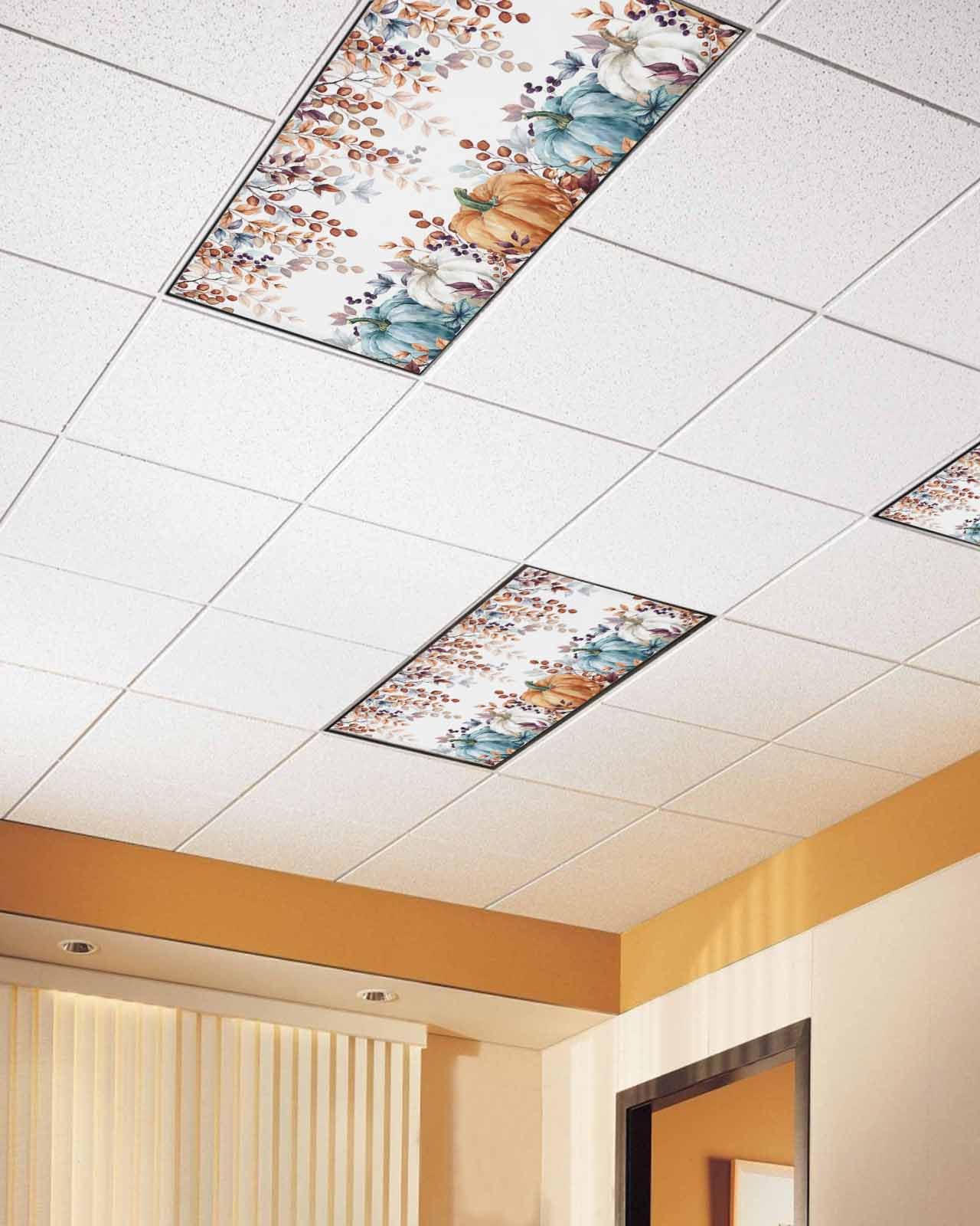 Fall Fluorescent Light Covers For Ceiling Lights Autumn Eucalyptus Leaf Magnetic Light Filters 2 Pack 4X2 Ft Maple Leaf Harvest Pumpkin Thanksgiving Ceiling Lights Cover For Classroom Office Drop Lamp