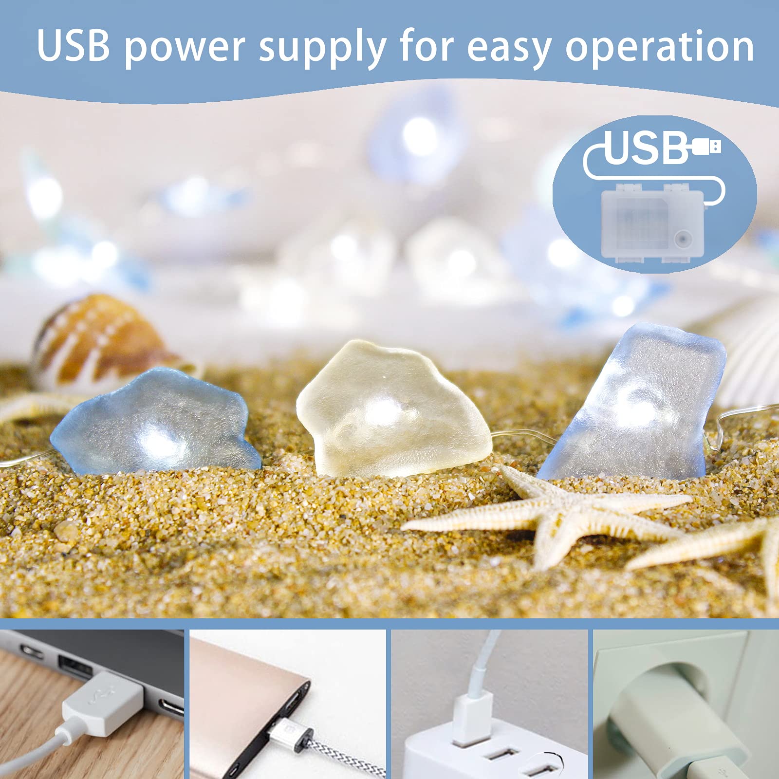 Impress Life Ocean Decor String Lights, Sea Glass Festive Beach Themed 10 Ft 40 Leds Battery&Usb Cord Operated Eco-Friendly With Multi-Function Remote For Tent Wedding Nursery Bedroom Party Ornament
