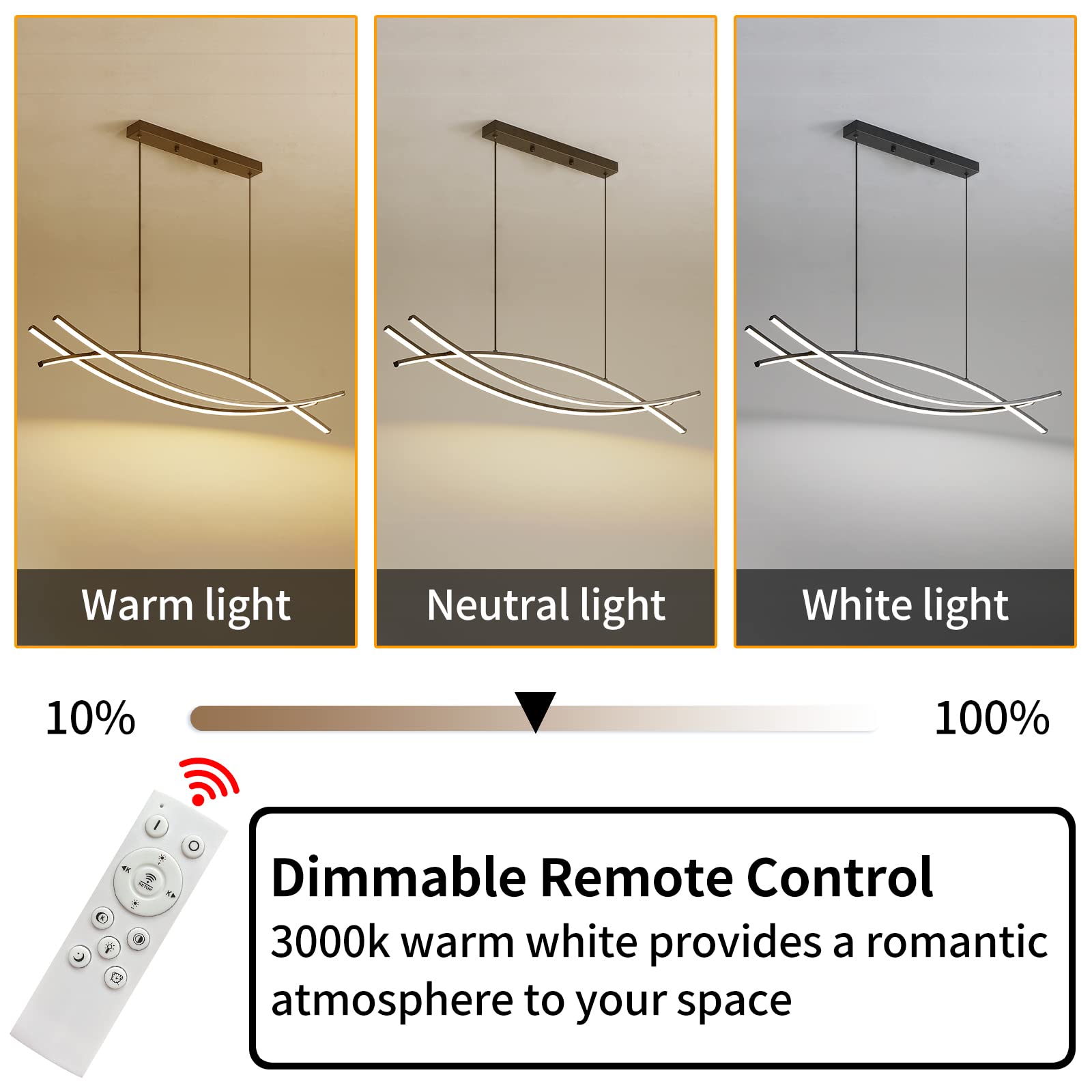 Matven Linear Pendant Light - Dimmable LED Chandelier, Modern Curved Design, 39in, Aluminum, Elegant Dining Room Fixture