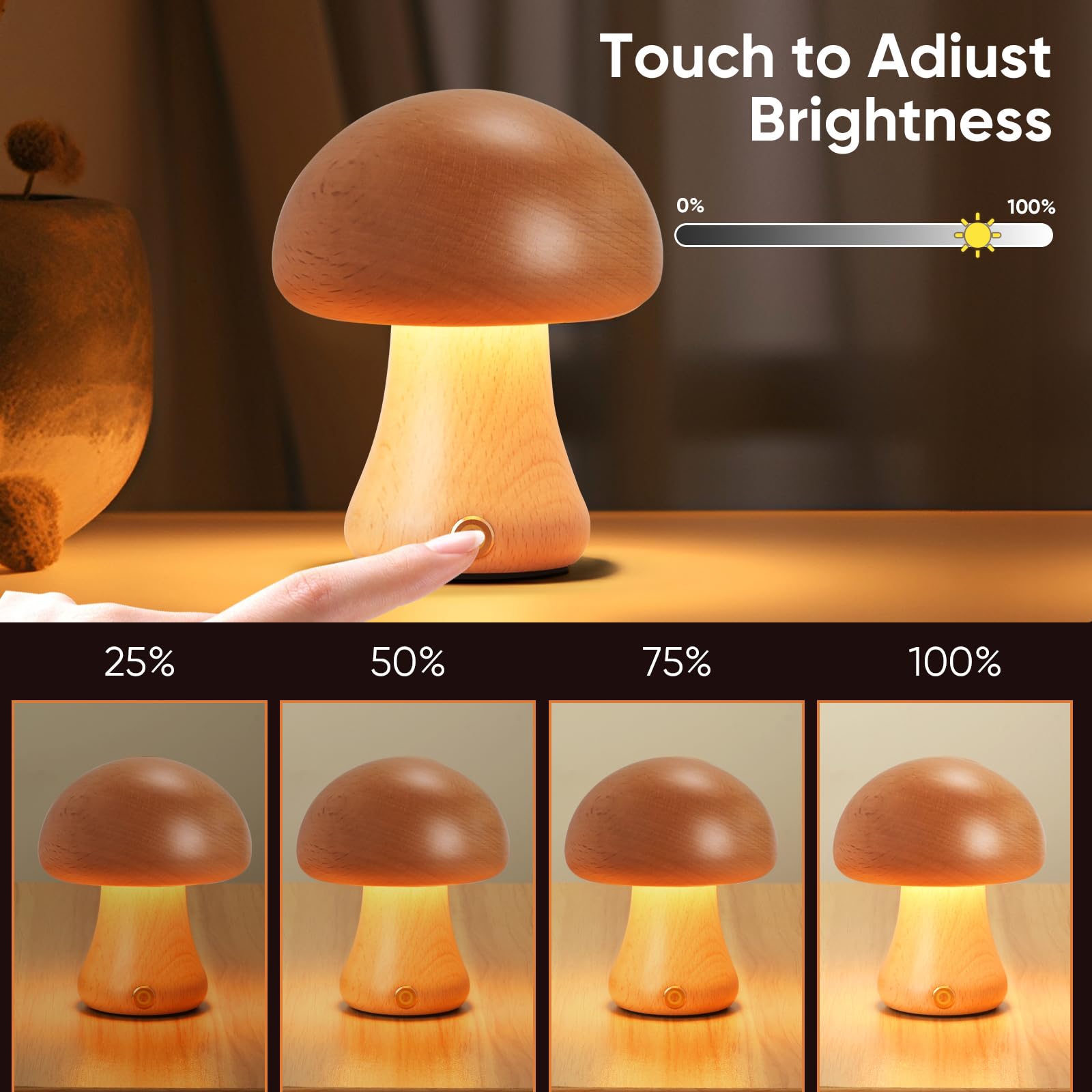 Lonrisway Creative Wood Mushroom Table Lamp, Portable Cordless Small Lamp, Rechargeable Battery Operated Lamp,Stepless Dimming,
