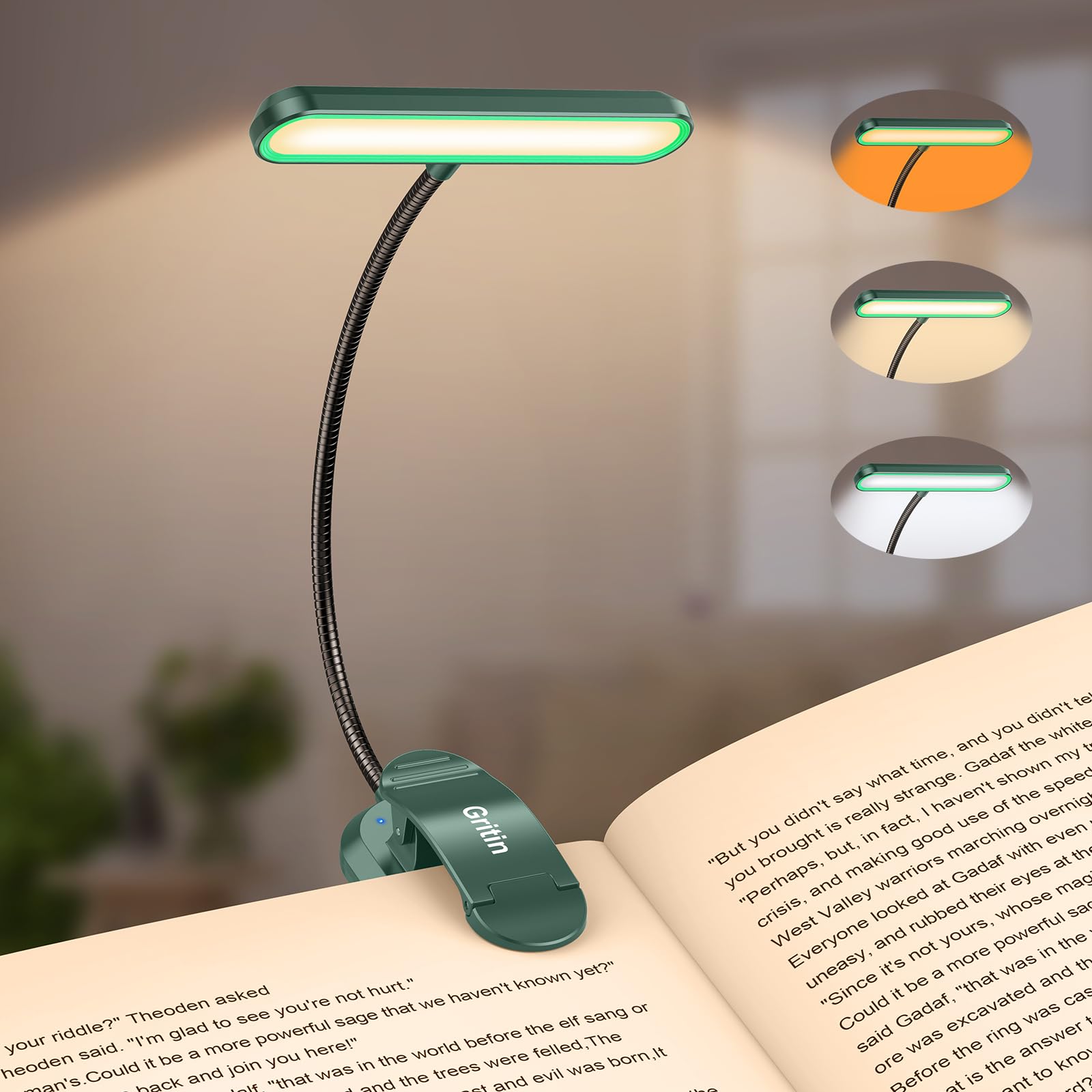 Gritin Rechargeable Book Light - 19 LED, 3 Color Temperatures, 5 Brightness Levels, Flexible Goose Neck, Dark Green, Model G1321