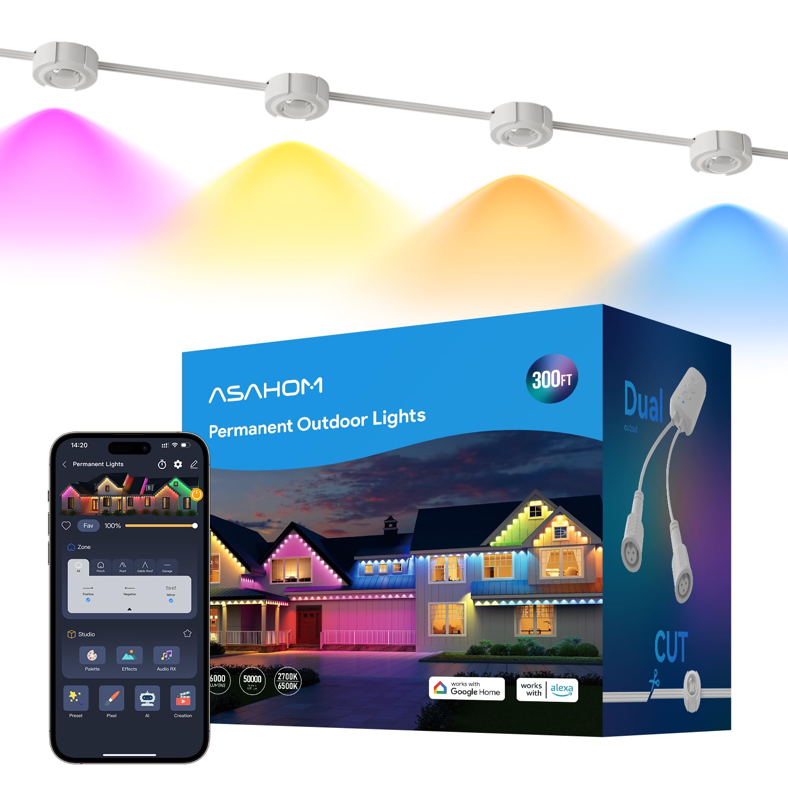 ASAHOM AI Permanent Outdoor Lights S107E, 300FT with 216 RGBCW LED Lights and Dual Output, 30,000 Lighting Effect Combination, I