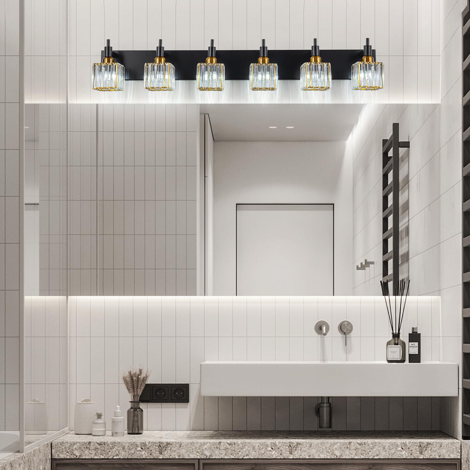 HUOKU 6-Lights Crystal Bathroom Vanity Light, Black Gold Metal Fixture, Modern Design Over Mirror
