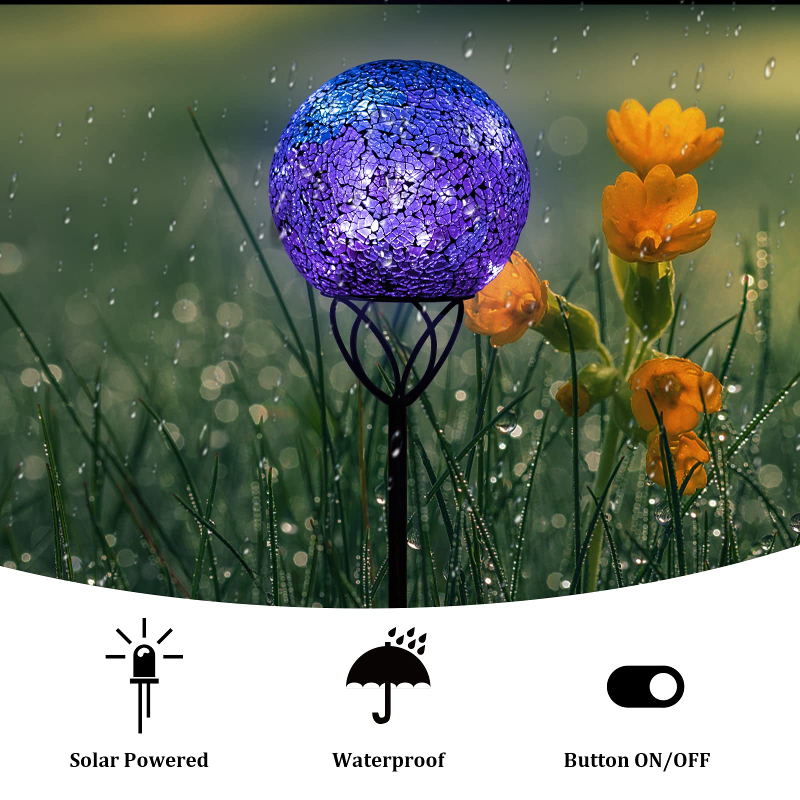 Vcuteka Mosaic Solar Garden Lights - Waterproof Glass Ball Led Stake Light, Purple, 6 Inch