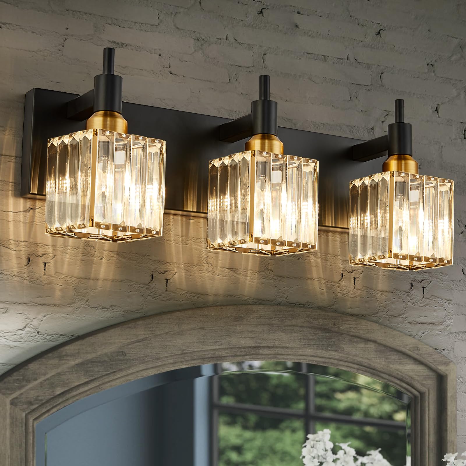 HUOKU Modern Crystal Bathroom Vanity Light 3-Light Wall Fixture, Black Gold, Square Shade, Metal, Model 1ca75a20-9ece-4de6-ad2a-3