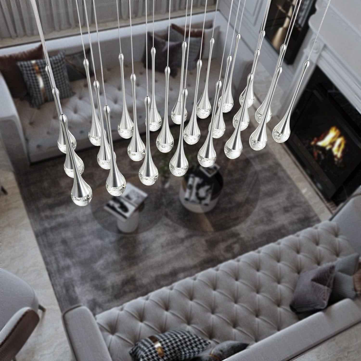 24-Lights Rectangular Chandelier Crystal Raindrop Chandeliers Flush Mount Ceiling Light For Dining Room Living Room High Ceiling
