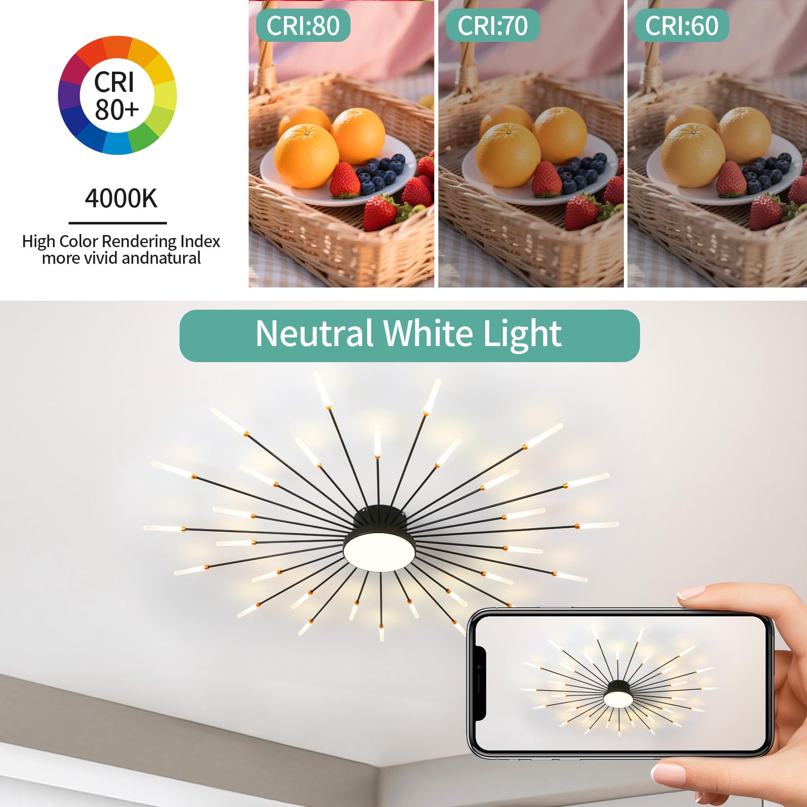 Ziidoo Modern Ceiling Light 30+1 Lights Metal Firework Designed Chic Led Lighting Fixture For Farmhouse Kitchen Dining Room Bedroom Hallway Living Room (Black)