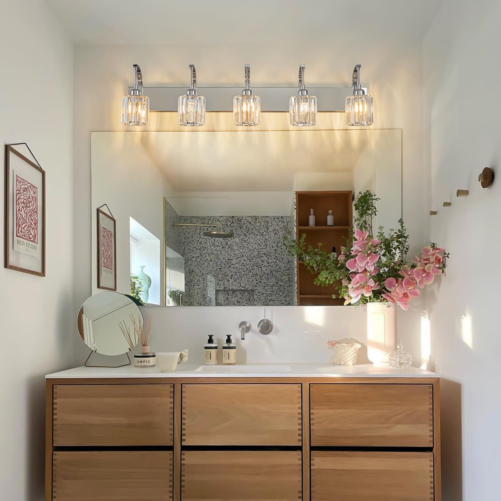 FDPBY 5-Light Crystal Vanity Light, Modern Chrome Wall Sconce, 42.51" for Bathroom & Hallway, K9 Crystal Shades, Model 294-Y