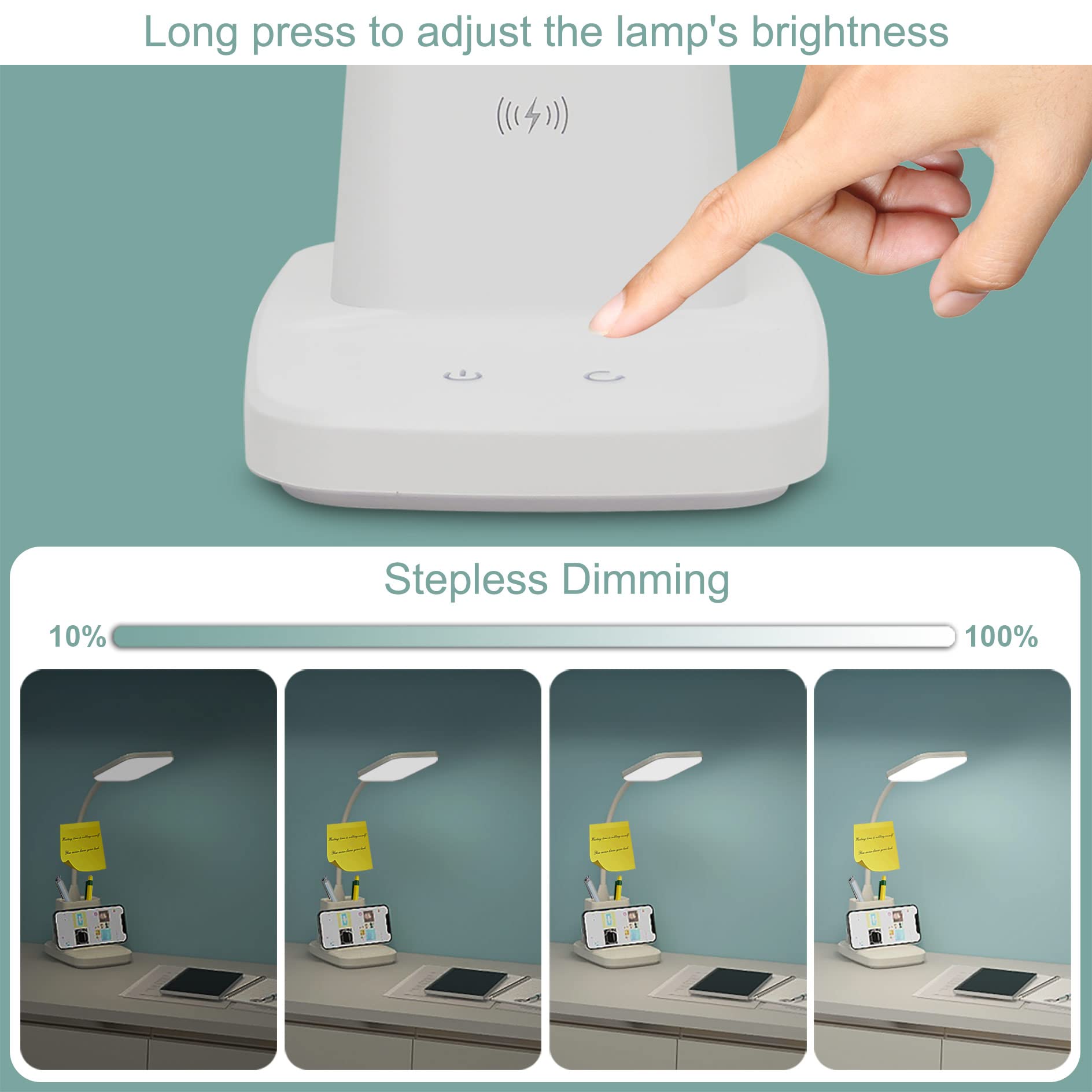 Sailstar Upgraded Led Desk Lamp With Wireless Charger, White Small Desk Light With Pen Holder, 3 Color Modes, Cri 85, 800 Lumen,