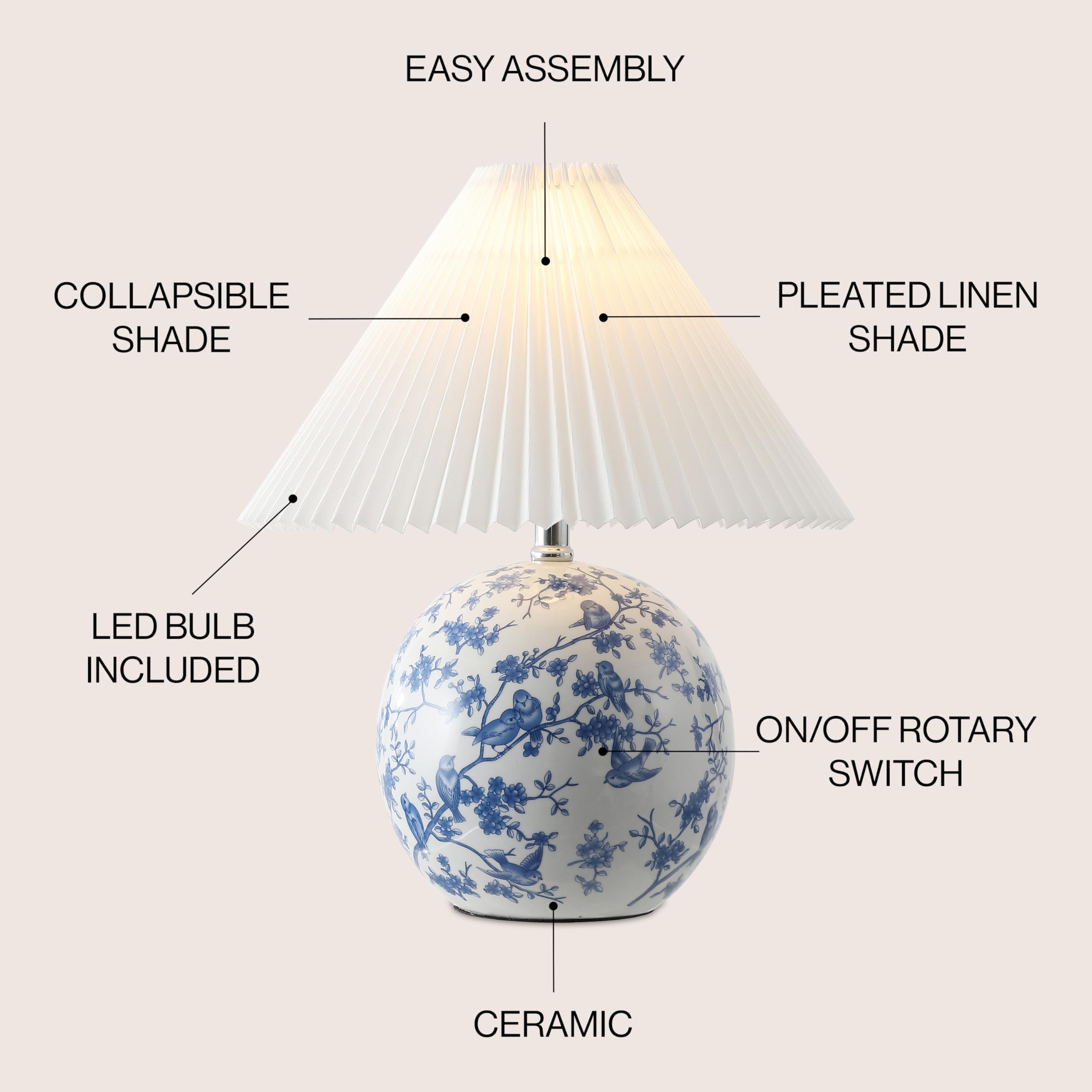 JONATHAN Y JYL5056B Shishen 19.5 Cottage Classic Chinoiserie Ceramic Orb LED Table Lamp with Pleated Shade, White/Blue for Bedro