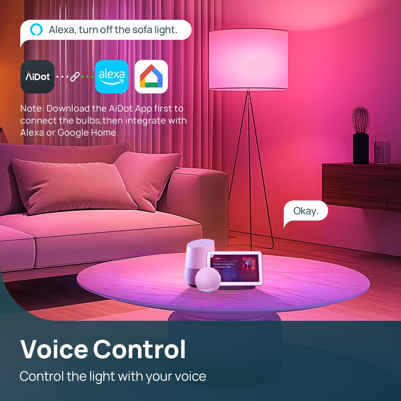 Linkind Smart Light Bulbs, 1100Lm (75W Equivalent) Smart Bulb, Work With Alexa & Google Home, Rgbtw Color Changing Bulbs Music Sync, 2.4Ghz Wi-Fi & Bluetooth, Led Alexa Light Bulbs 11W, A19 E26, 2Pack