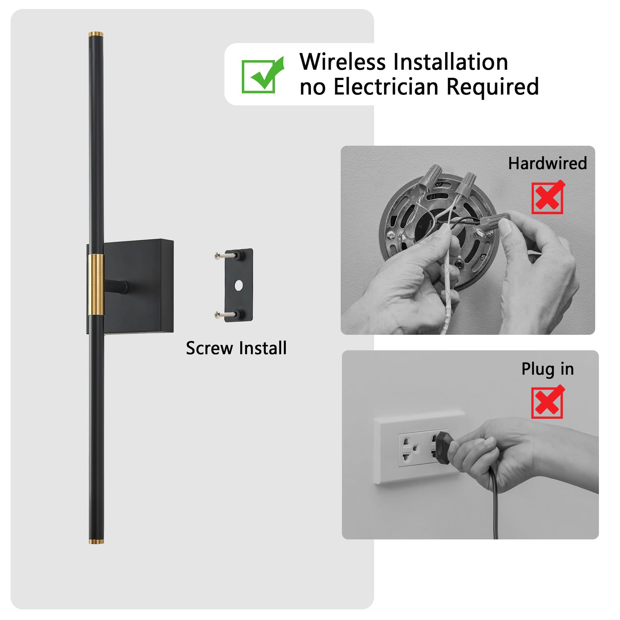 Gwoner Battery Operated Led Wall Sconces Set Of 2, 25'' Wireless Rechargeable Wall Lights With Remote Control, 3000K-6000K Stepl