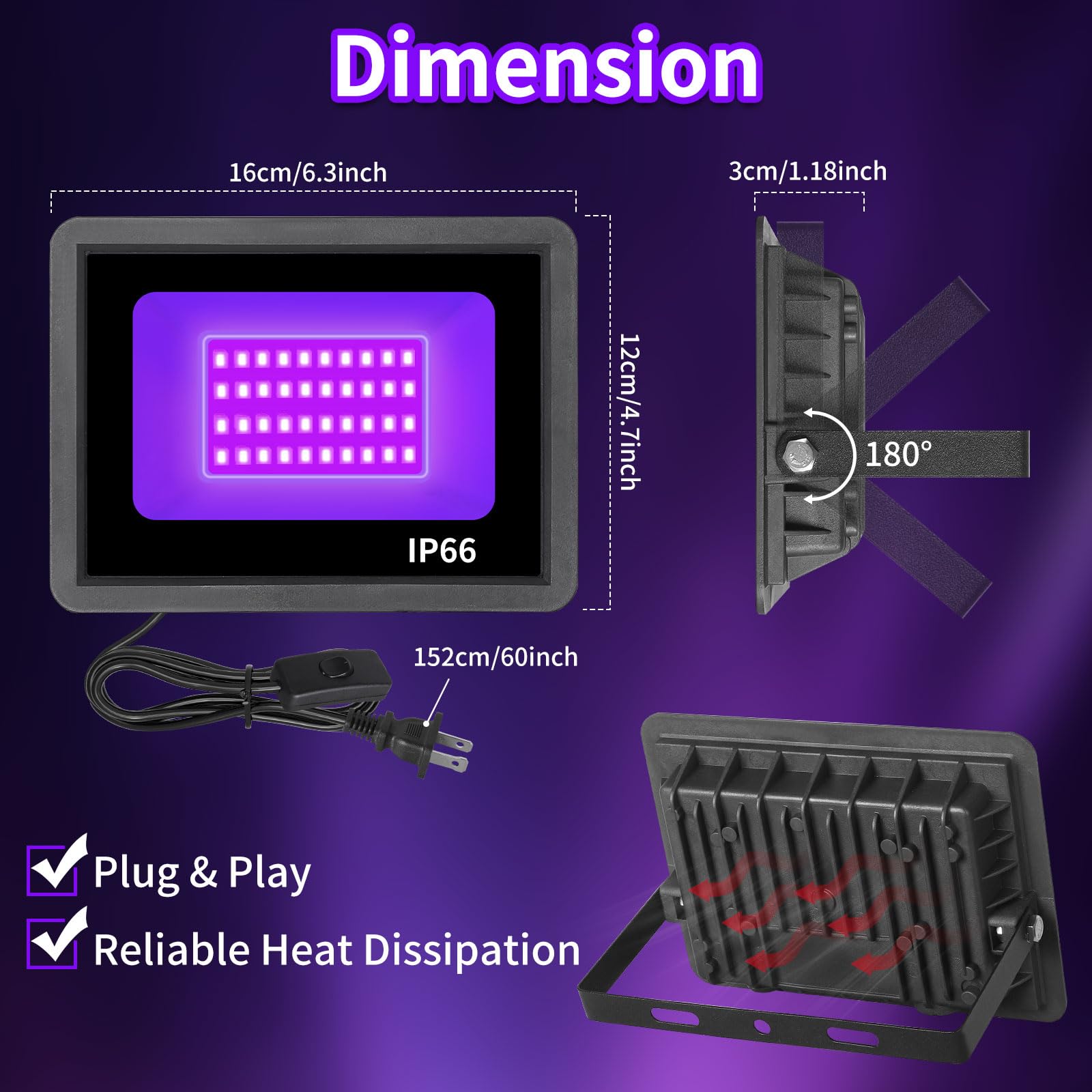 Yayit 36W Waterproof Blacklight Flood Light With Switch+Plug, Ip66 Outdoor Led Black Lights For Glow Party, Halloween, Bedroom, Fluorescent Party, Blacklight Poster, Body Paint, 2 Pack