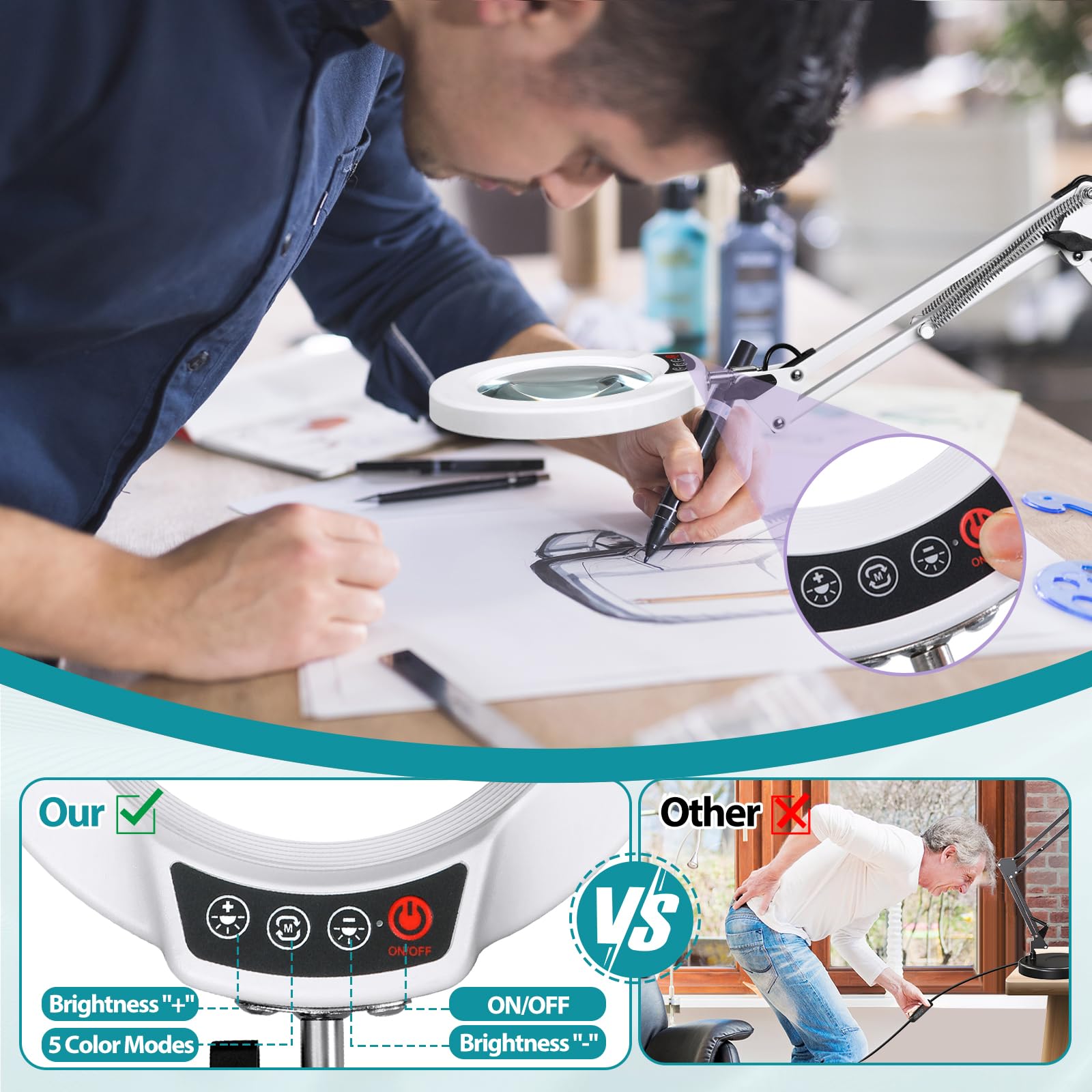 10X Magnifying Glass With Light And Stand, 2-In-1 Desk Lamp & Clamp Light, 5 Color Modes, Brightness Stepless Dimmable Led Light