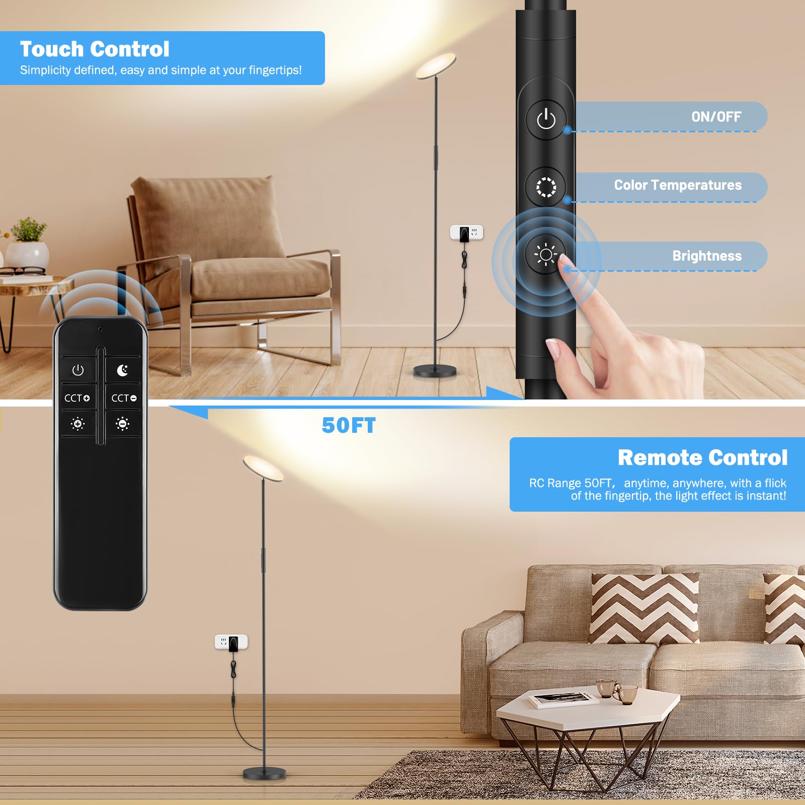 Led Floor Lamp, 3000Lm 30W Super Bright Standing Lamp, 300W Equivalent Modern Torchiere Sky Lamp, 2700K-6500K Stepless Dimming W