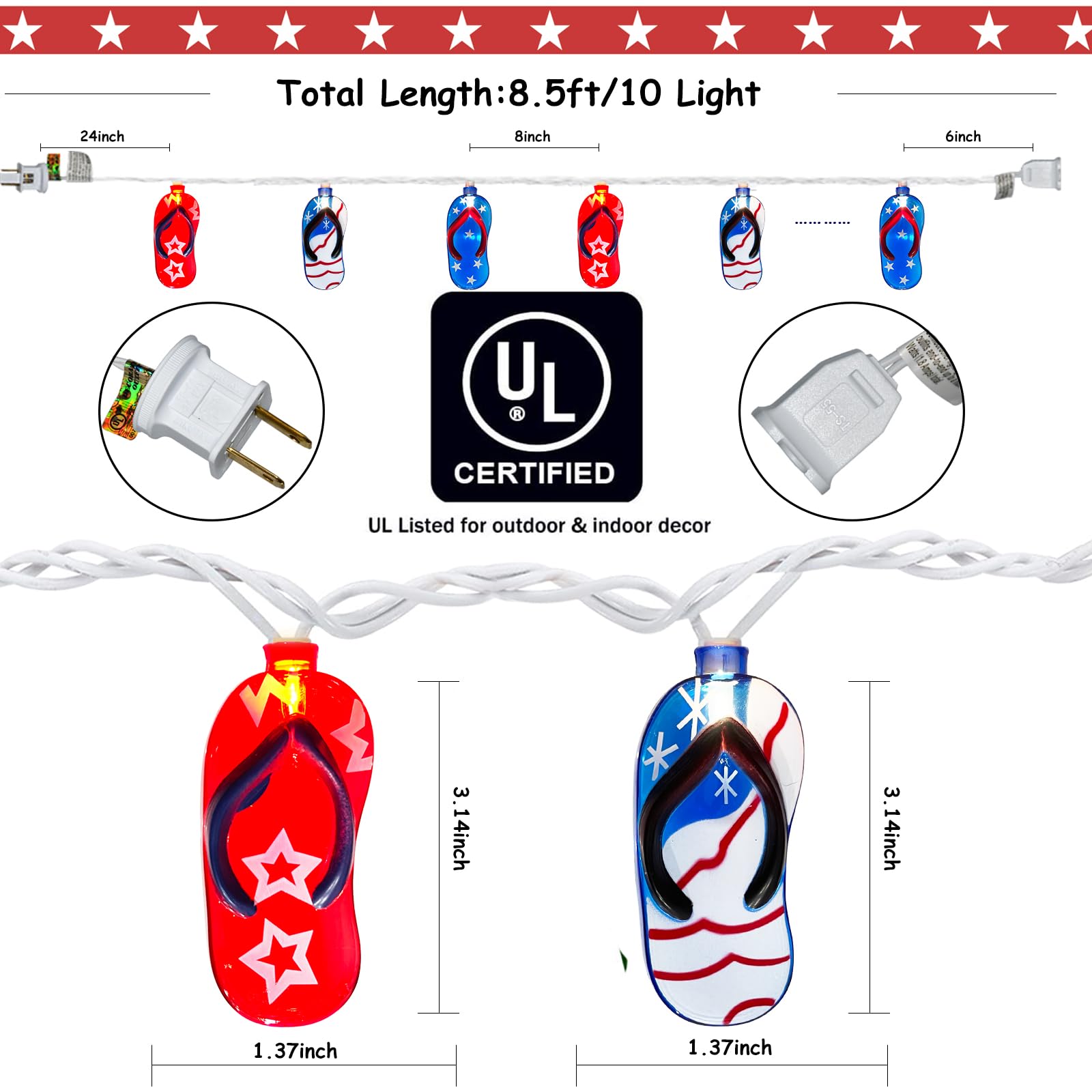 Doratale 8.5FT Red White Blue String Lights - American Flag Slippers, Plug-in Patriotic Fairy Lights for Independence Day Decor